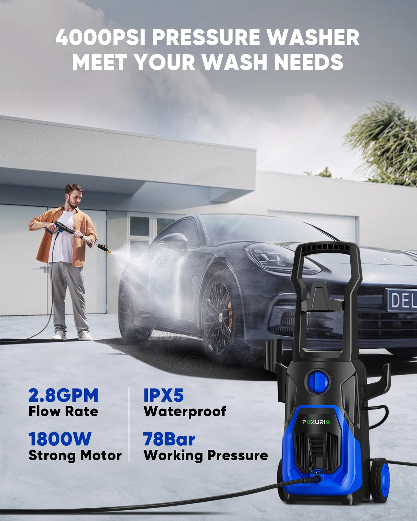 POXURIO Electric Pressure Washer, 4000PSI 2.8GPM Power Washer, 3-in-1 Self-Priming High Pressure Cleaning Machine with Foam Cannon for Cars/Fences/Driveways/Patios/Home Cleaning