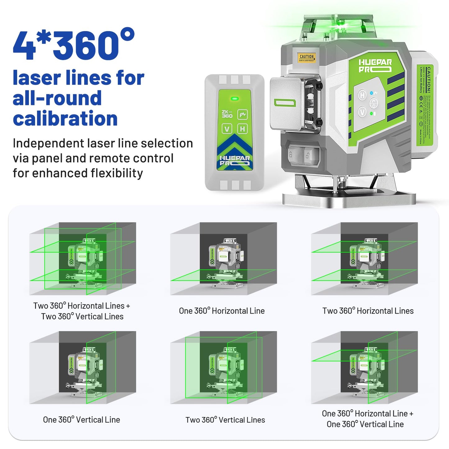 Huepar Pro Laser Level 360 Self Leveling, 4x360°Green Cross Line Laser Tool with Remote Control & 8000mAh Rechargeable Li-ion Battery, High Accuracy 4D Laser for Construction, Magnetic Bracket -ZK04CG