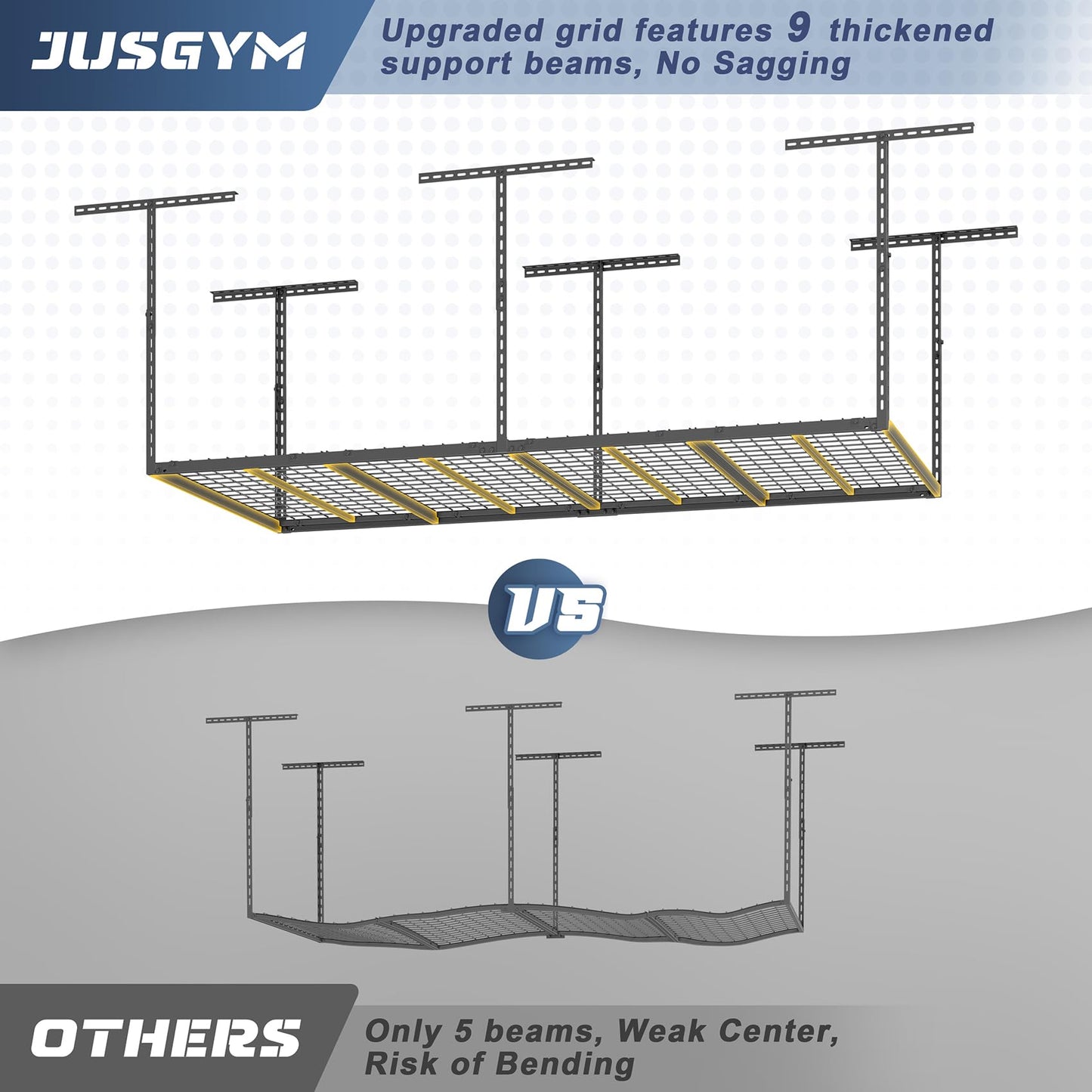 Jusgym 4X8FT Overhead Garage Storage Rack and 2 Pack Heavy Duty Garage Wall Shelving Set (1x4ft)