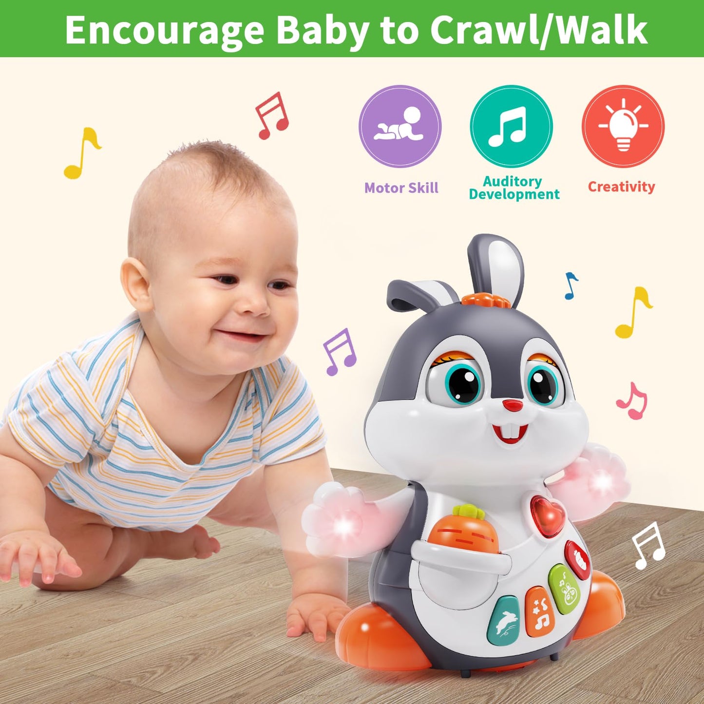 Wanonoo Baby Musical Bunny Toy Dancing Crawling Tummy Time Toys, Light Up Infant Toys 0-3-6 6-12 12-18 Months Birthday Gifts for 1 Year Old Boy Girl Learning Baby Basket Stuffers