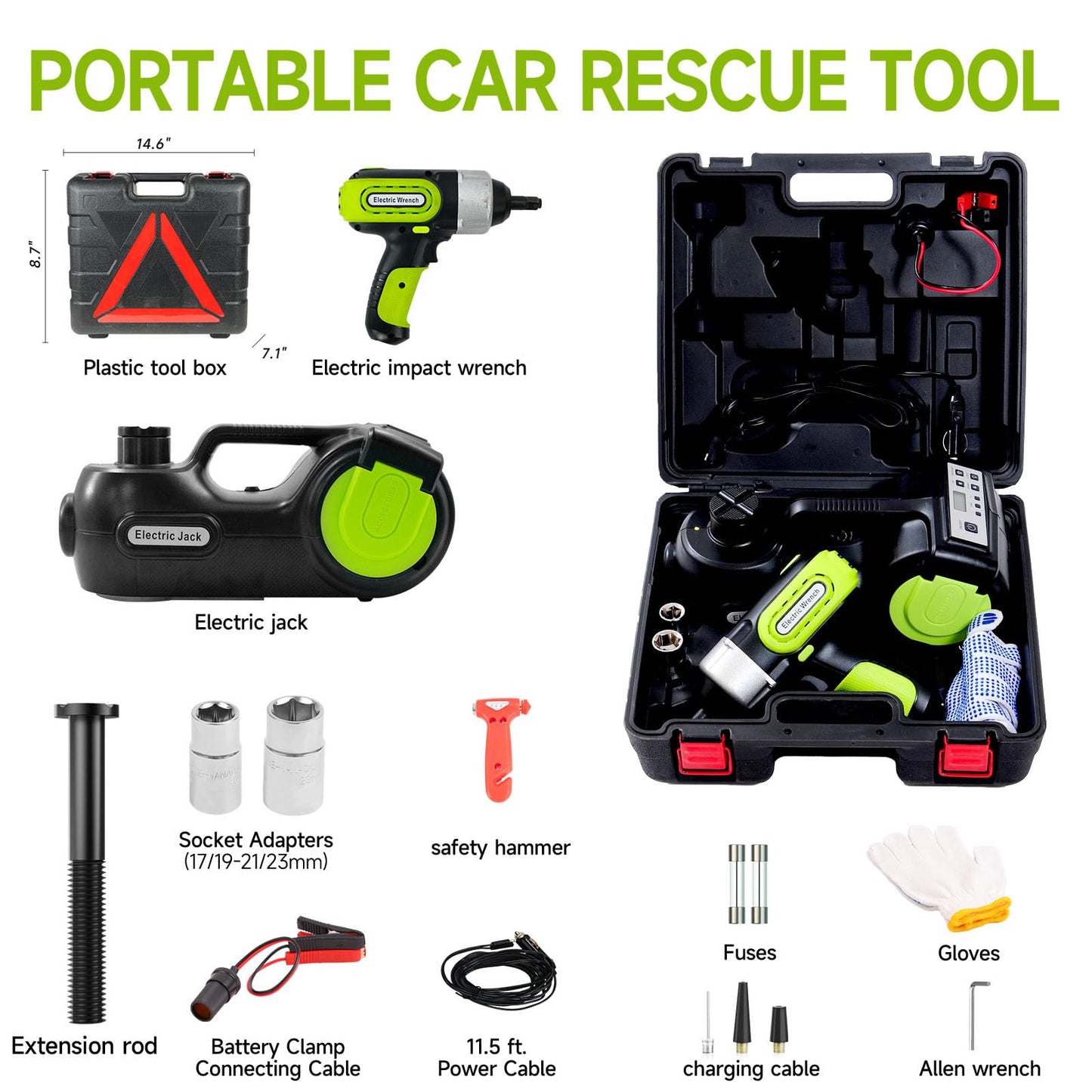 E-HEELP Electric Car Jack Kit 5 ton 12V Hydraulic Car Jack Lift (Lifting Range: 5.3-14.17inches) with Impact Wrench Inflator Pump for Car SUV Sedan MPV, LCD Display and Tire Pressure Monitor