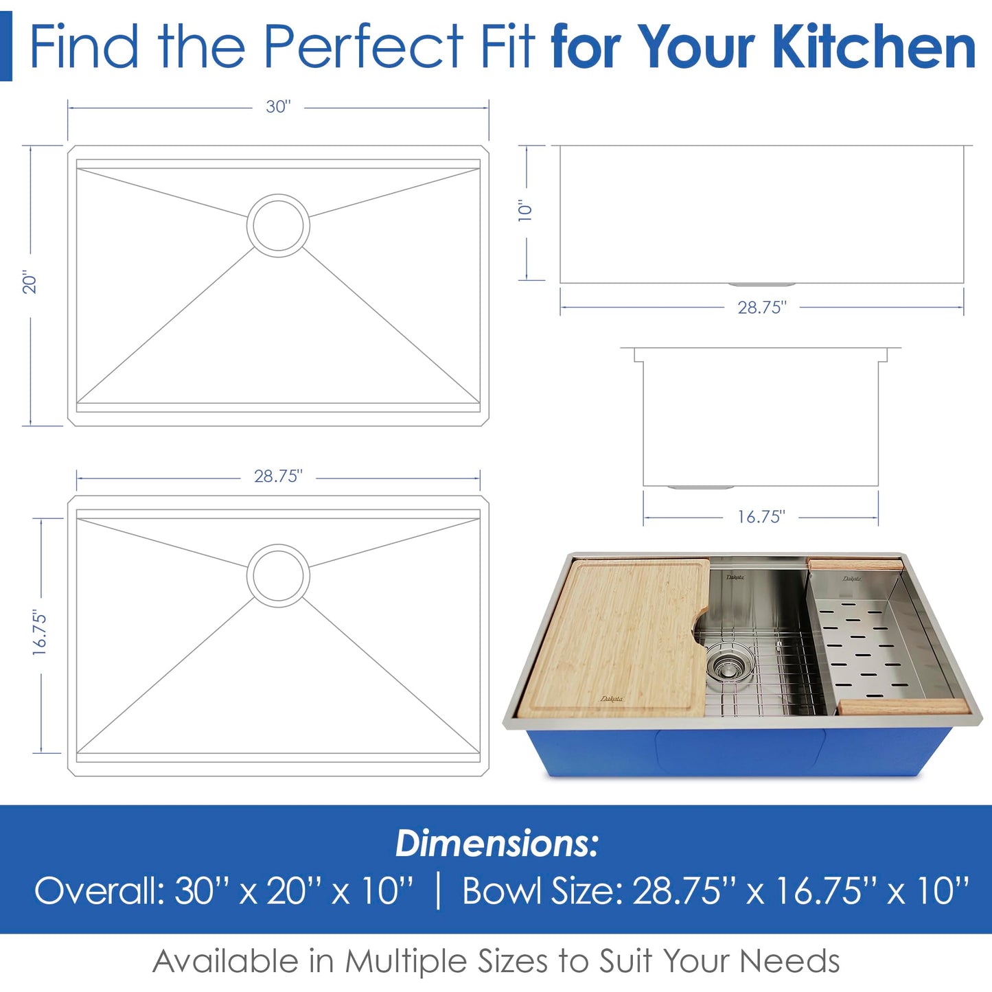 Dakota Workstation Kitchen Sink with Accessory Ledges, 30X20", 16 Gauge Stainless Steel, Undermount Single Bowl Drop In Sink with Colander, Bamboo Cutting Board, Bottom Grid, Premium Kitchen Sinks.