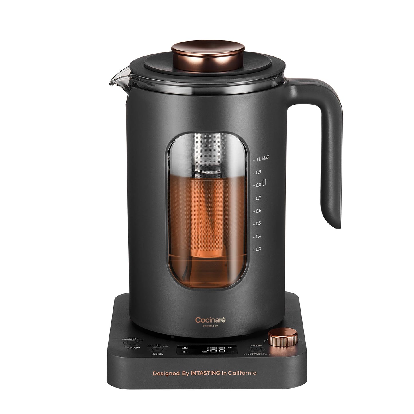 Electric Tea Kettle, INTASTING Glass Electric Kettle with tea Infuser and Precise knob temperature control, 1200W Fast Heating, BPA-Free, Easy to Clean, for Tea and coffee, 1 Liter (Dark Gray)