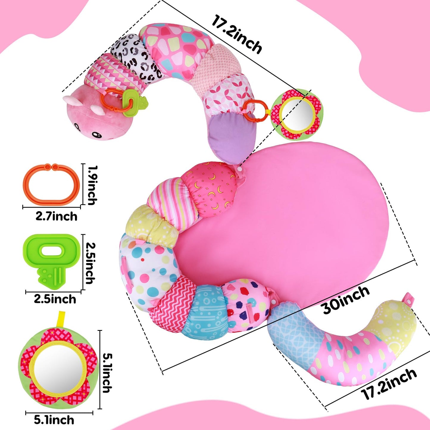 2 in 1 Baby Tummy Time Mat & Support Seated Pillow Infant Newborn Toys 0 1 2 3 4 5 6 Months Pink Caterpillar Sensory Developmental Playmat 0-6 3-6 12 Month Babies Mirror Shower Gifts for Girls Boys