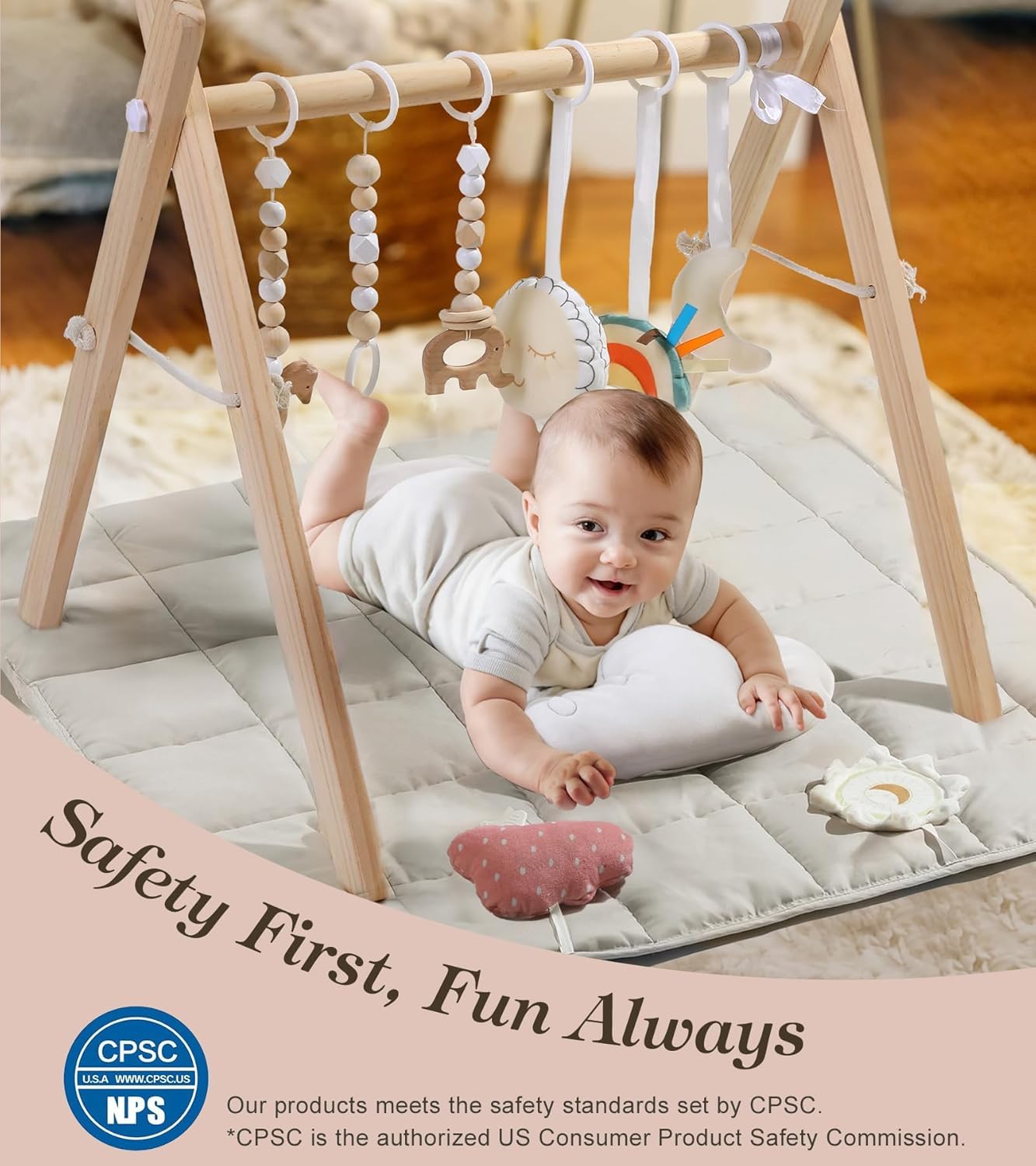 Wooden Play Gym with Beige Mat, Foldable Baby Play Gym, Infant Activity Mat with 6 Hanging Toys, Natural Pine Wood Frame Activity Center, Easy to Assemble & Clean, Newborn Present for Boys & Girls
