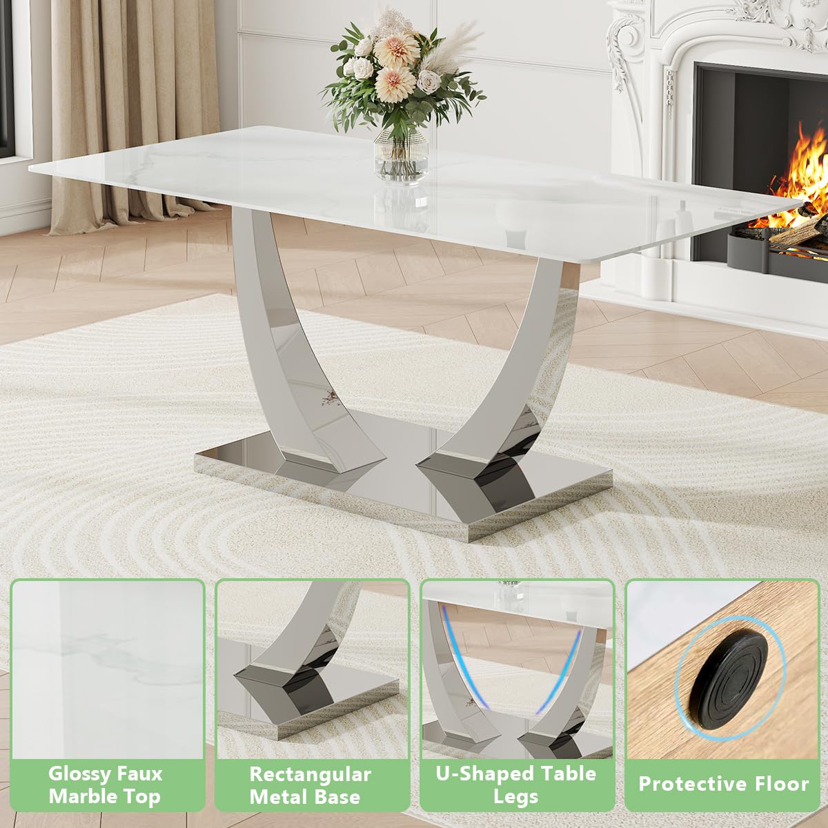 NYEESS 71" Dining Table Set for 8, White Dining Room Table Set with 8 PU Leather Chairs, Rectangular Faux Marble Kitchen Table Set for 8 with Tempered Glass Top and Silver Chrome Base