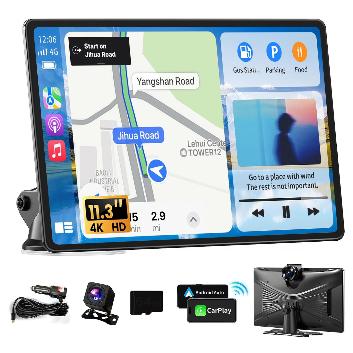 Largest 11.3" Portable Apple Carplay Screen, Wireless Car Play & Android Auto Touch Screen, Car Stereo with App View/4K Dash Cam/Backup Camera/Mirror Link/Voice Control/Music Play/GPS/Bluetooth/FM