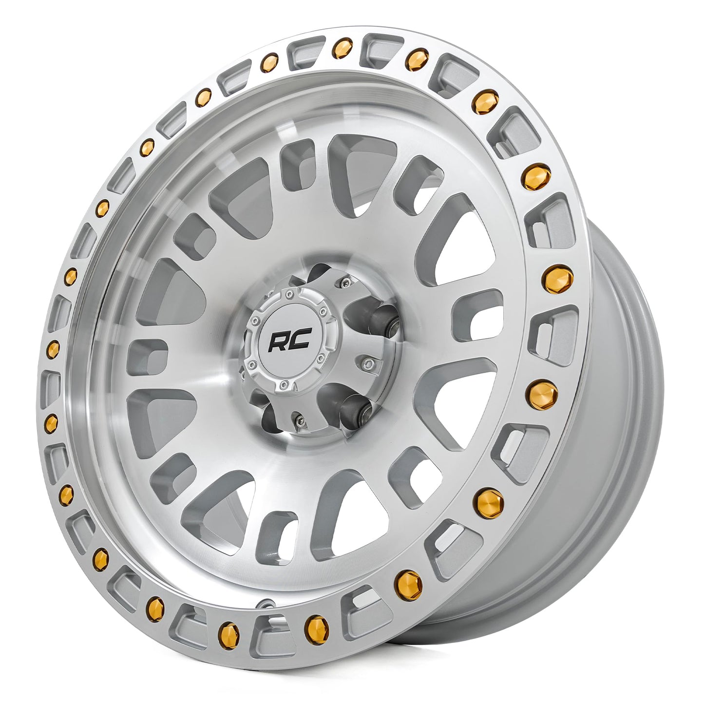 Rough Country 82 Series Off-Road Wheel - 15x8, 5x4.5" Bolt Pattern, 19mm Offset, Full Machined Aluminum with 8-Spoke Design & Simulated Beadlock Gold Hardware