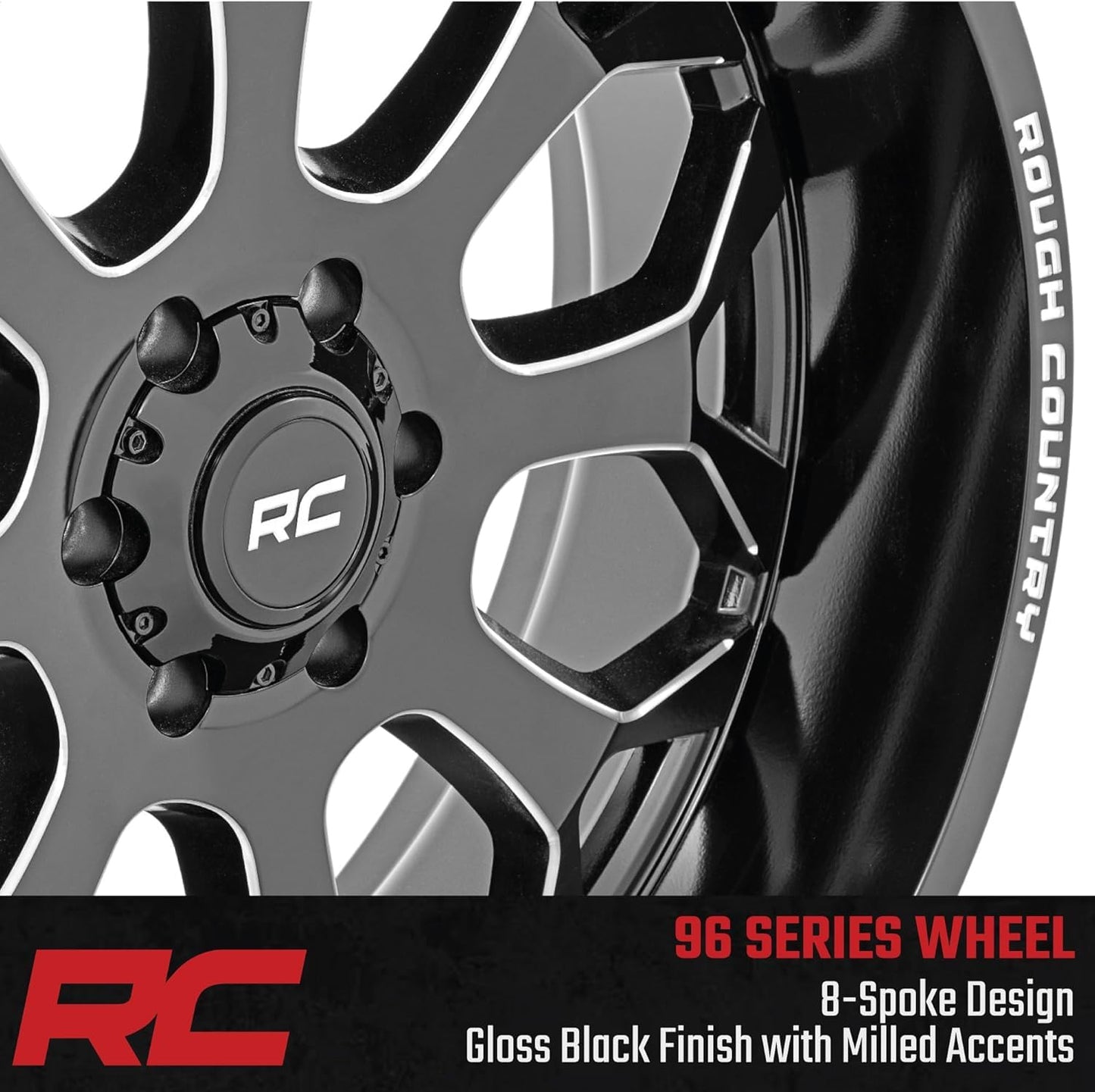 Rough Country 96 Series One-Piece Aluminum Wheel 20x10, 6x5.5" Bolt Pattern, 19mm Offset - Gloss Black w/Milled Accents, 8-Spoke, Lightweight with Center Cap