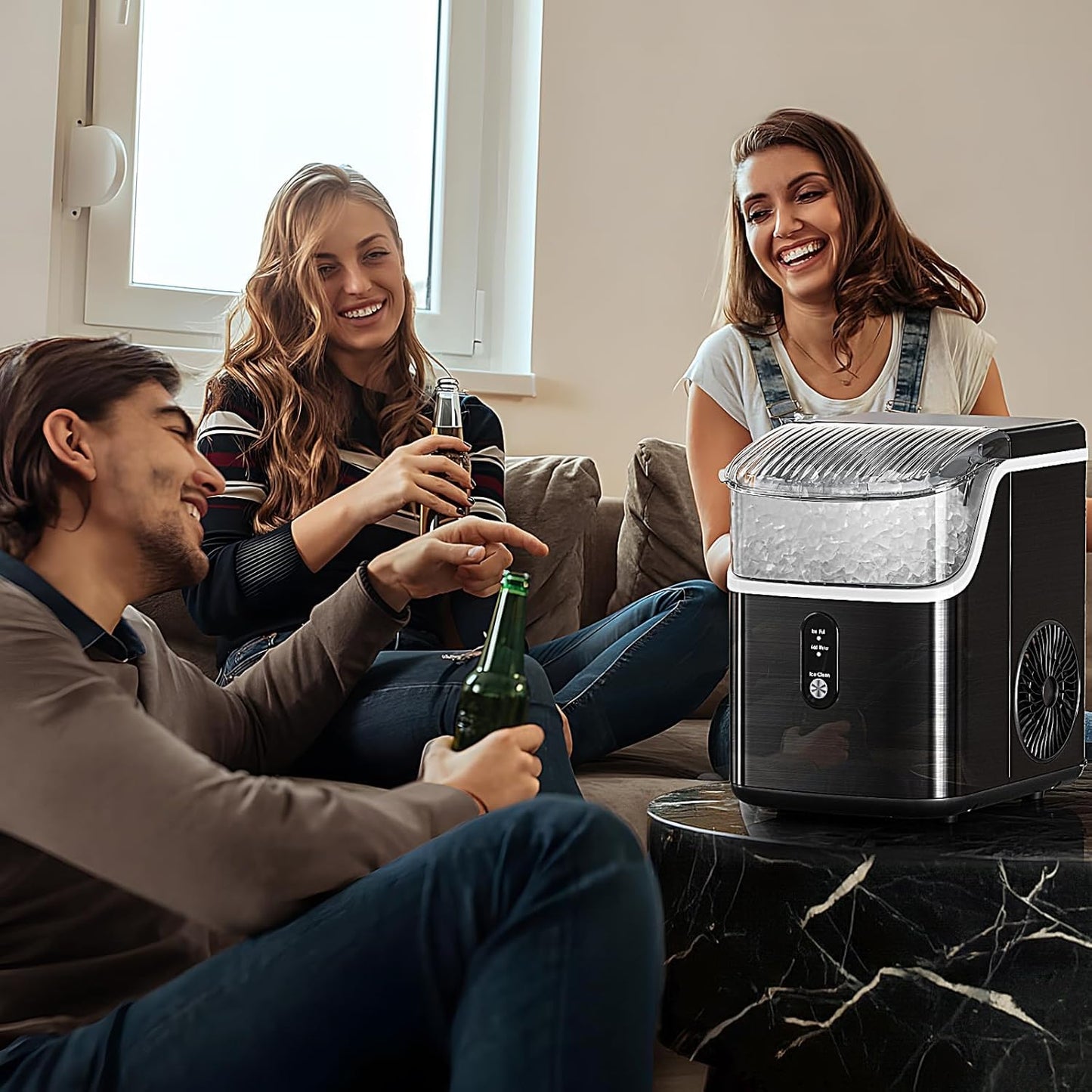 Antarctic Star Nugget Ice Maker Countertop, Chewable Nugget Ice Machine with Automatic Cleaning, Fast Ice Making 34Lbs/24H, One Click Operation for Office/Home/Bar (Stainless Steel Black)