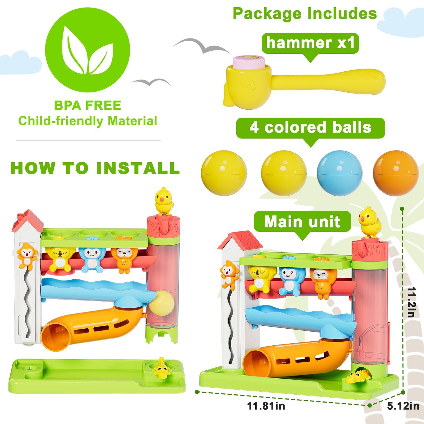 Ussybaby Toddler Musical Toys for 1+ Years Old Boy,Motor Skills Developmental Baby Toy 12-18 Months,Bilingual Toddler Learning Ball Drop Toy， Birthday Gift Toys for 1 2 Year Old Boys & Girls(Green)