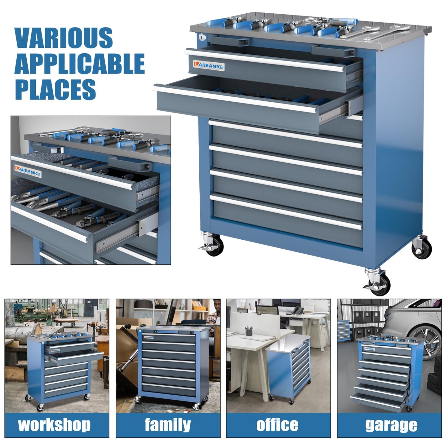 LARBANKE 7-Drawer Rolling Tool Chest with 360°Wheels and Padded Feet,Tool Chest with Stainless Steel Countertop,Tool Cabinet with Secure Locking System,for Home, Garage and Office