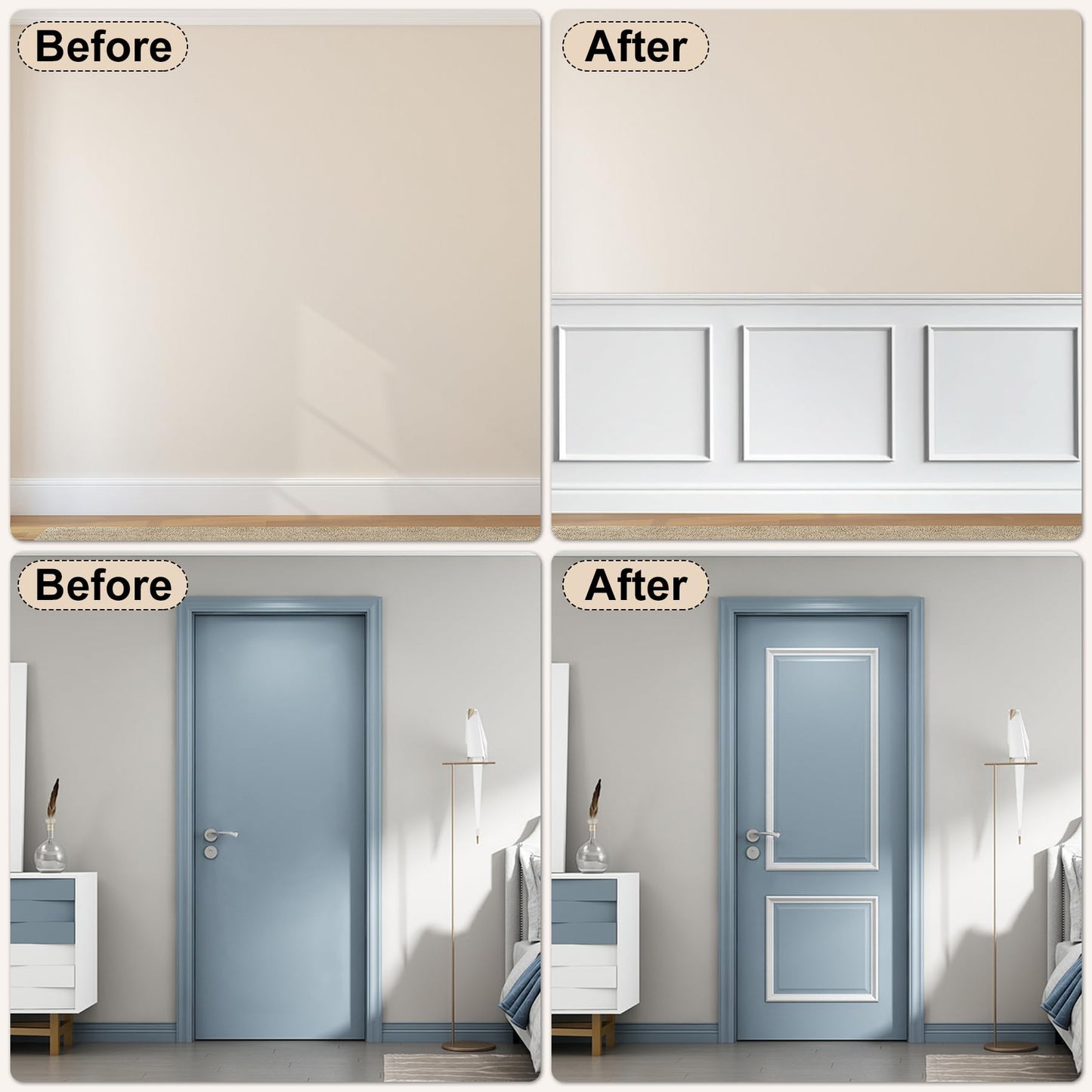 Hungbak 4 Set of 16" x 20" Pre-Cut Accent Wall Molding Trim Kit, Peel and Stick Premade Wainscoting Panels for Interior Decoration, Ready to Assemble Chair Rail Moulding