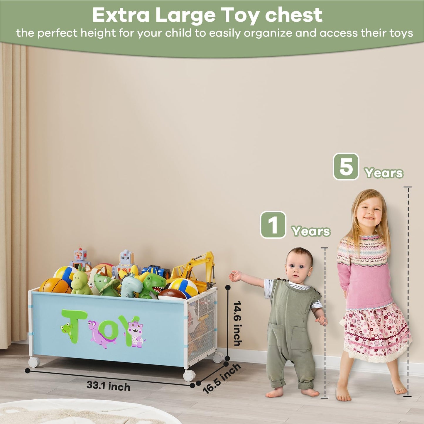 AIJIAMEIER Large Toy Box with Wheels, 120L Toy Boxes for Extra Large Metal & Oxford Cloth Toy Chest Toy Organizer with Wooden Handle for Bedroom, Living Room Area, Stuffed Toys, Clothes(Blue, 1PC)