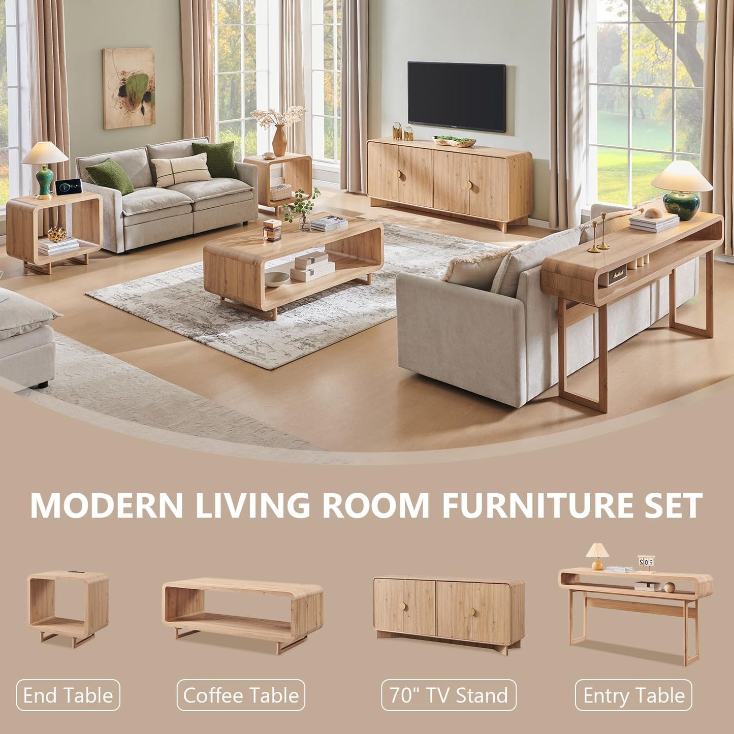IFGET 70" Fluted Fireplace TV Stand for 80 Inch TV, Modern Entertainment Center w/36'' Electric Fireplace, Wood Media Console w/Curved Profile Design and Adjustable Shelves for Living Room,Natural Oak