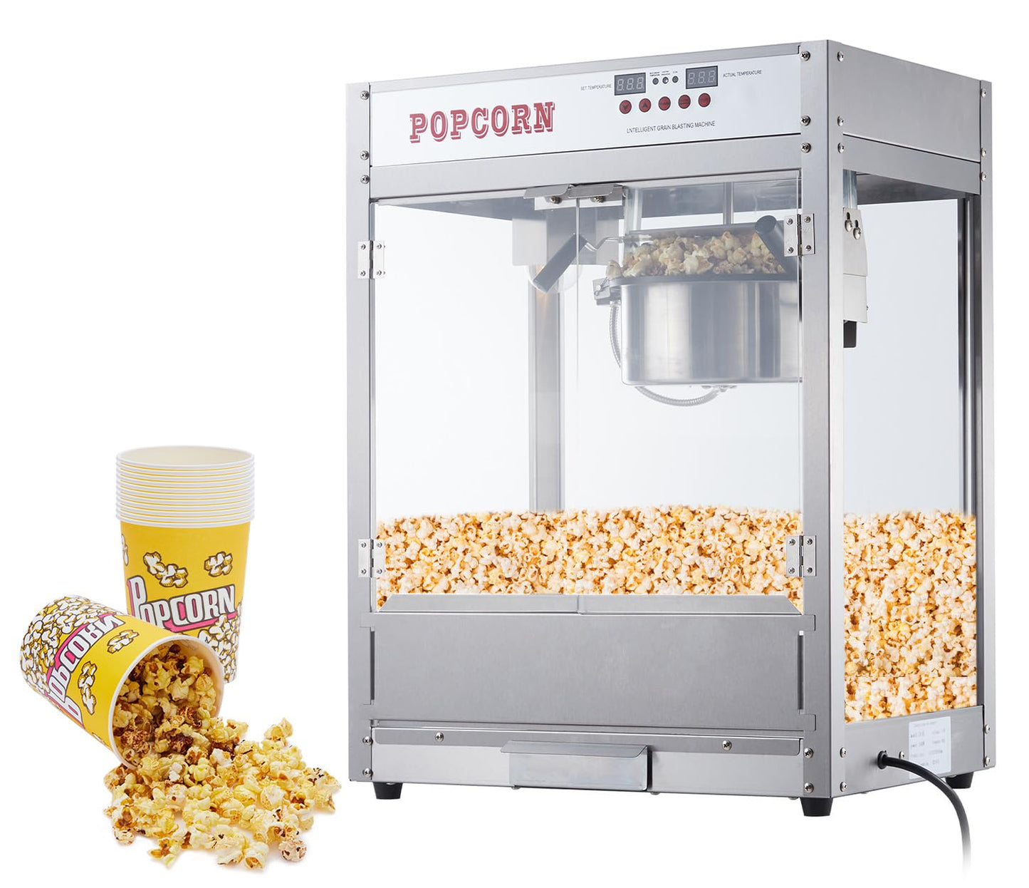 RIEDHOFF 8 OZ Popcorn Machine, [3 Mins Get 40 Cups] [Temperature Control] [Digital Display] Popcorn Maker Machine with 10 Pcs Popcorn Buckets, Old Fashion Movie Theater Style- Sliver