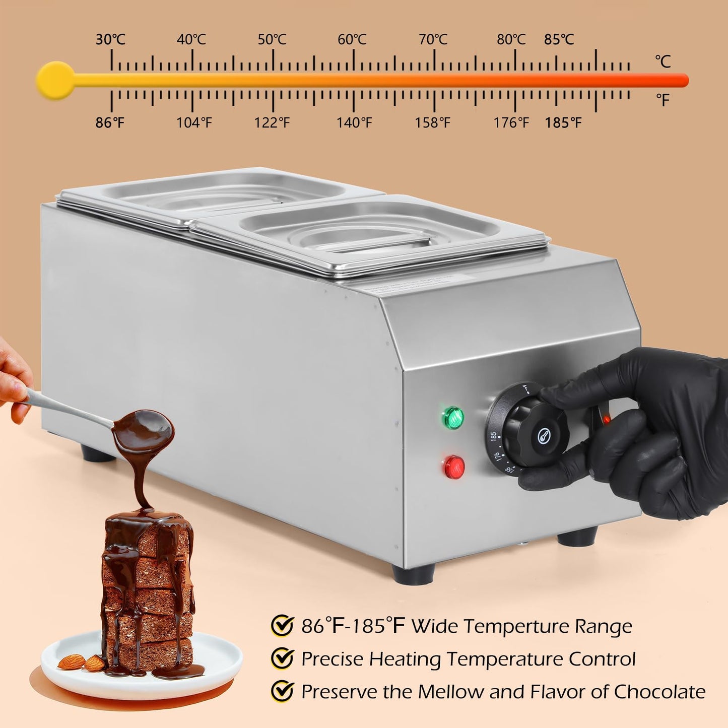 Dyna-Living Single Head Commercial Waffle Maker 1200W & 2-Tanks Commercial Chocolate Tempering Machine Chocolate Tempering Pot