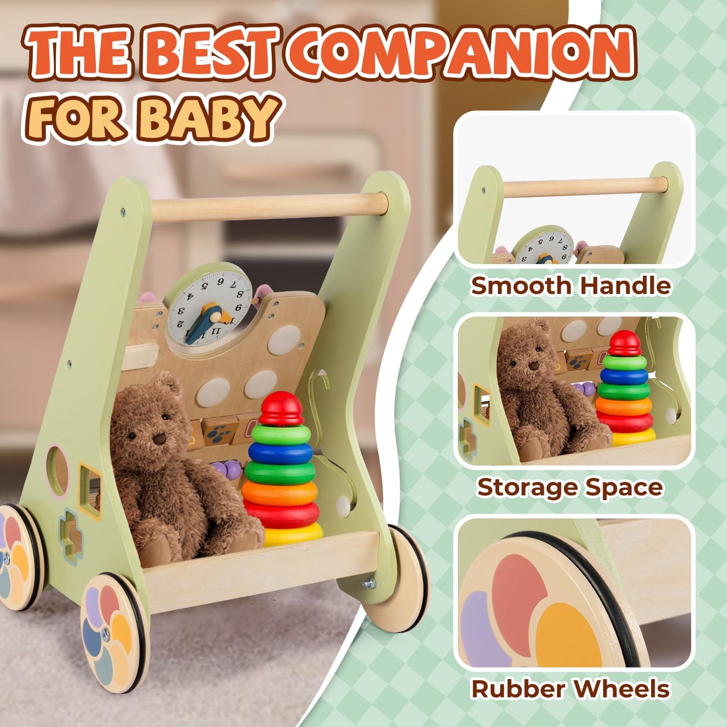 BAUTIA Wooden Baby Walker for 6-12 Months, Montessori Walker Push Toy for Toddlers Learning to Walk, Push Walker Baby Activity Center for Boys and Girls