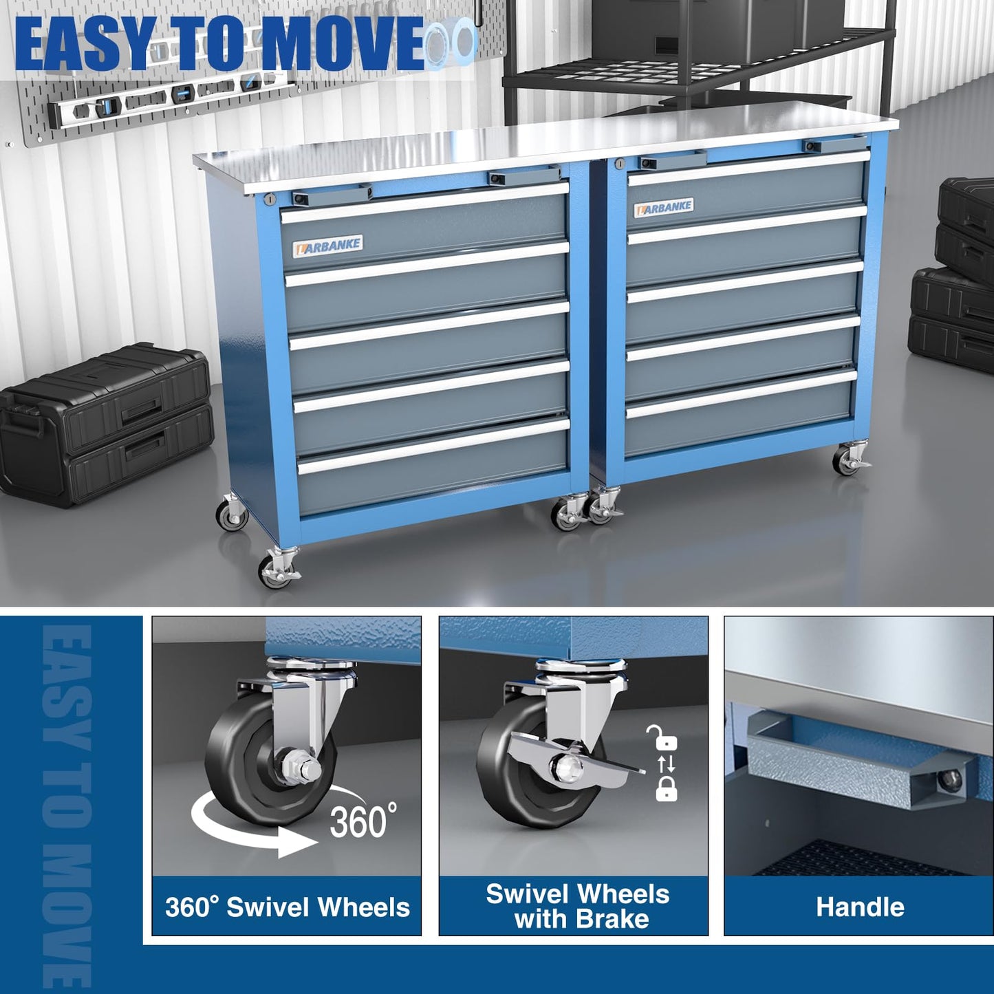 LARBANKE 5-Drawer Rolling Tool Chest,Tool Chest with Keyed Locking System, with Wheels and Foot Pads,Rolling Tool Cabinet with Stainless CounterTop and Drawer Liners,Unique Link Buckle for Connecting