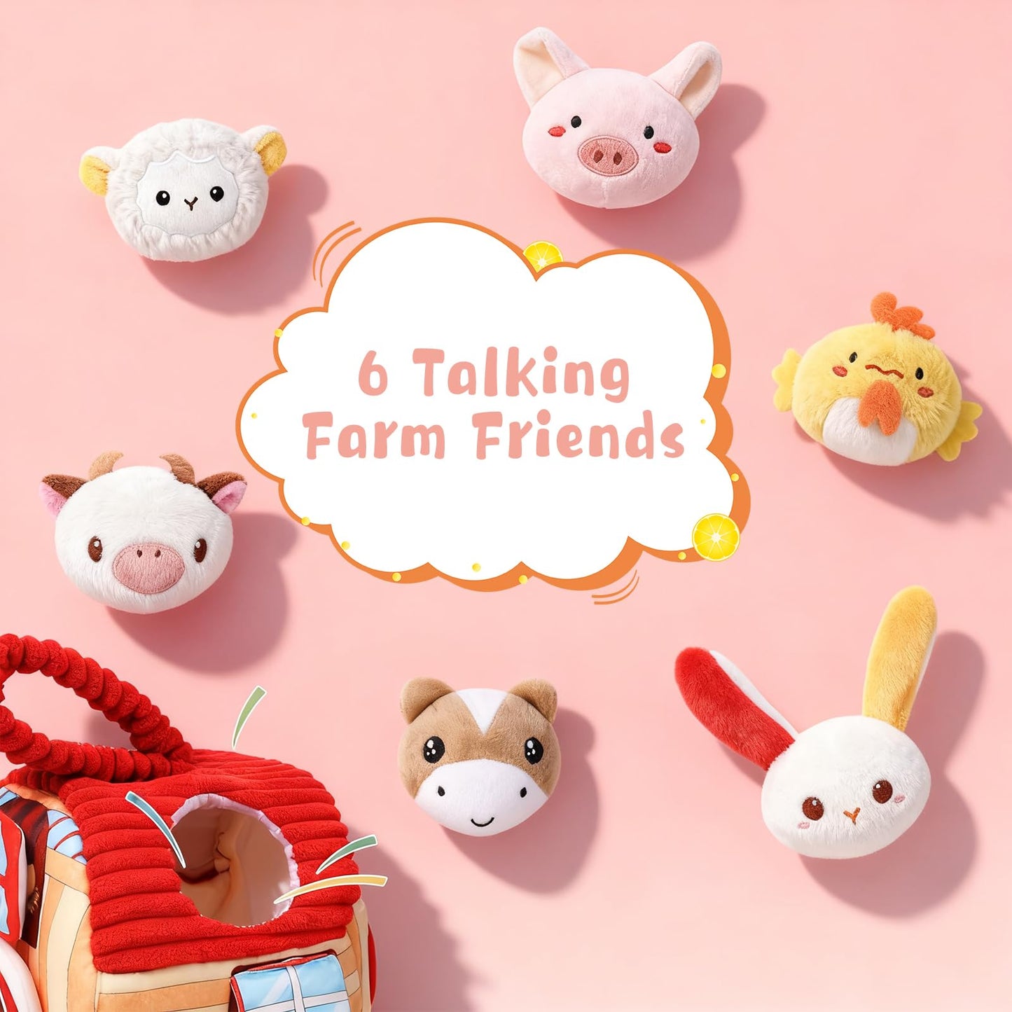 kenvc Baby Toys for 6-12 Months, Barn Stuffed Farm Animals with Sounds & Ring, Plush Animals Toys Have Mirror Montessori Educational Toys Sensory for Developmental for Infants & Toddler Toy Gift