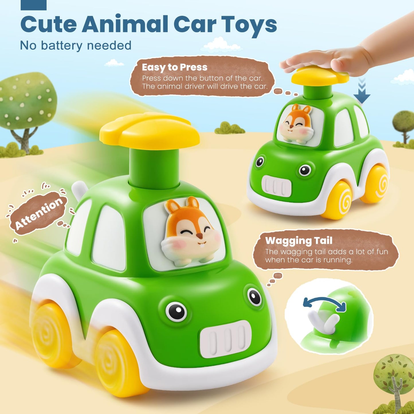 TooyBing Press and Go Car Toys for Toddlers 1-3, 4 Pack Animal Baby Car Toys for 1 2 Year Old Boy, Push Go Friction Vehicle Toys for Infants 12-18 Months, One First Birthday Gifts for Boys Girls