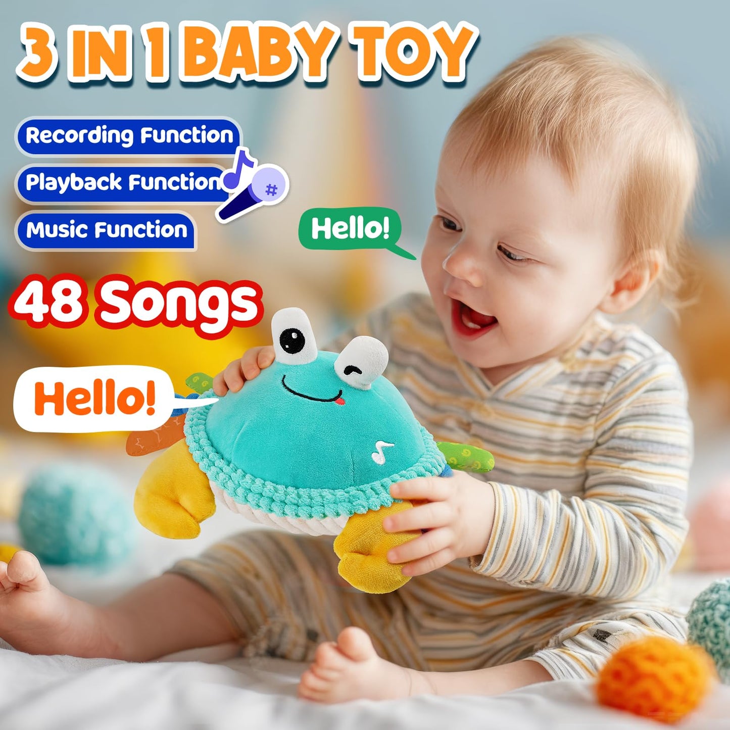 FUNZBO Baby Tummy Time Toys 12 18 Months -Musical Dancing Crawling Crab Babies Plush Toy, Interactive Infant Toys With 50 Songs & Recording Feature,Birthday Gifts for 1 2 3 Year Old Boys Girls Toddler