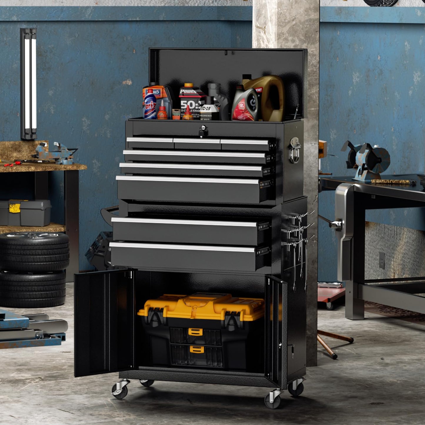 Superday Metal Tool Chest, 8 Drawer Rolling Tool Chest with Wheels, Detachable Tool Storage Cabinet with Lock for Garage, Steel Tool Cart with Liner & Hooks for Workshop, Warehouse (Black)