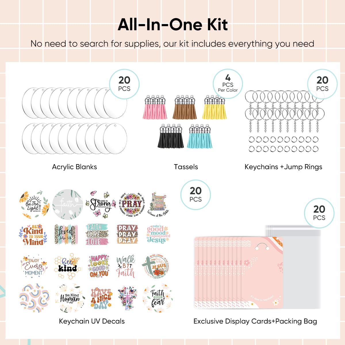 YOPPIX 140 PCS Acrylic Keychain Blank Set, Faith Double-Sided UV DTF Stickers Acrylic Keychain Making Kits for Vinyl DIY Craft Project Employee Appreciation Gifts