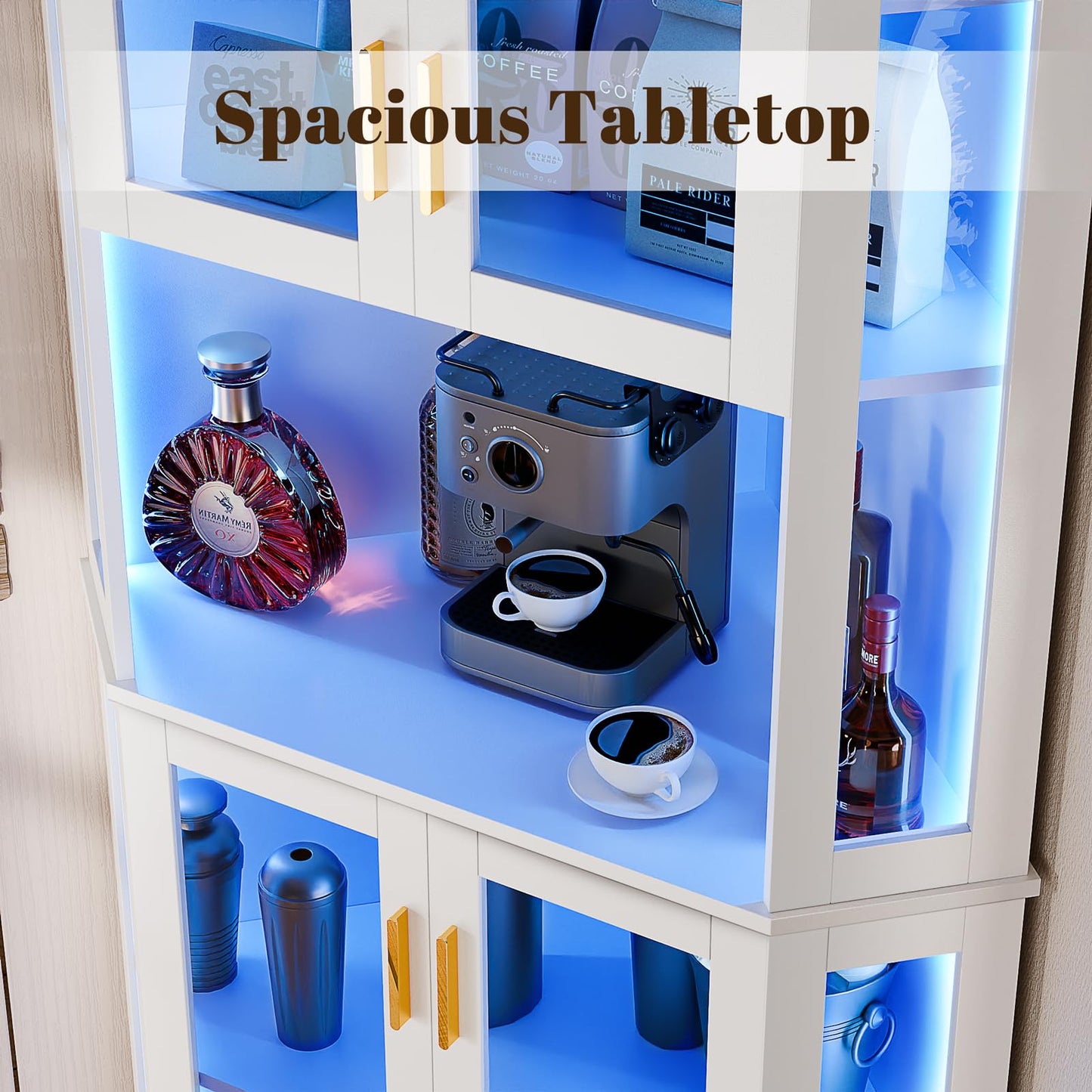 Loomie 71'' Corner Wine Bar Cabinet with LED Lights,5-Tier Tall Home Liquor Coffee Bar Cabinet W with Tempered Glass Door & Glasses Rack, Alcohol Cabinet Storage Hutch for Kitchen,Living Room (White)