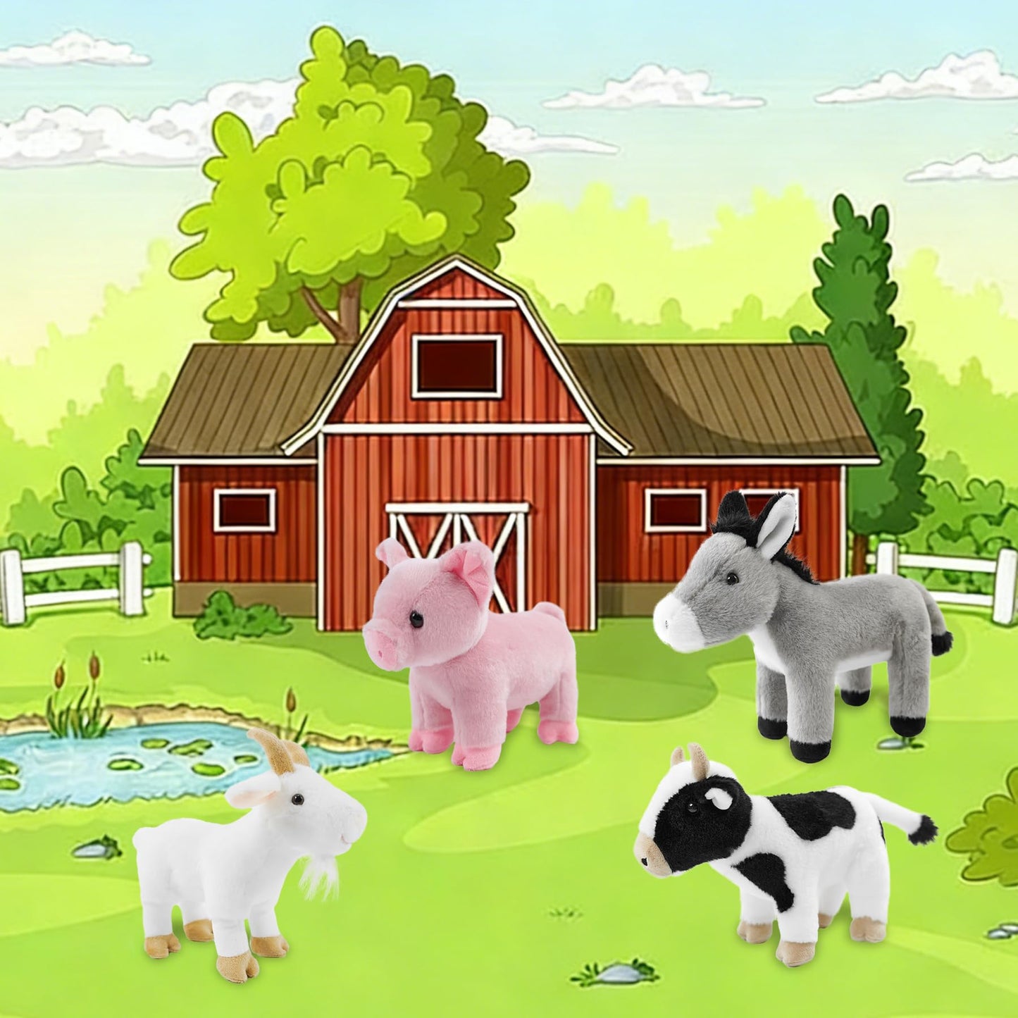okegztoa 4 Pack 8" Plush Farm Stuffed Animals Set – Pig, Goat, Cow and Donkey, Ultra Soft Washable Toys for Kids, Adorable Farmhouse Nursery Decor for Toddlers