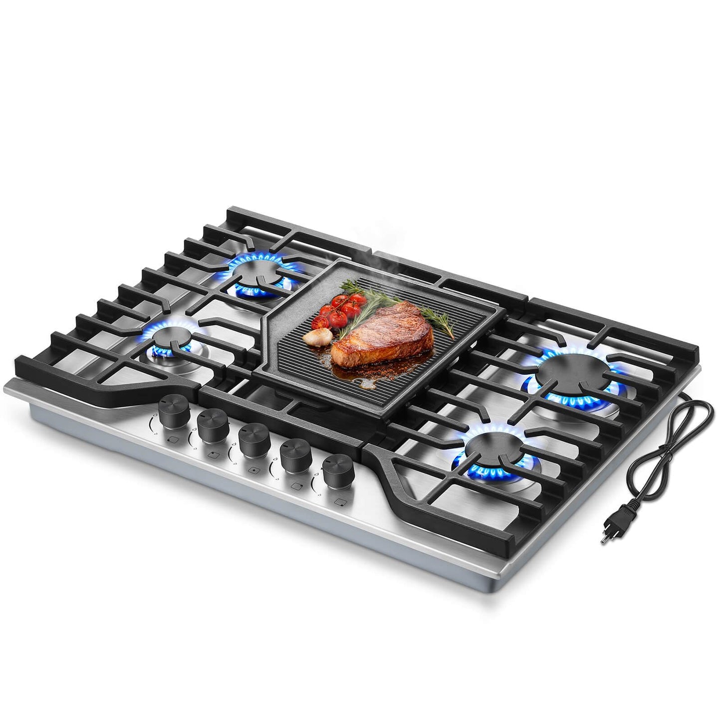 SNDOAS 30 Inch Gas Cooktop, 5 SABAF Burners 47400 BTU Built-in Gas Stove Top with 22000 BTU Triple Ring Wok Burner, Cast Iron Griddle, Stainless Steel Top, NG/LPG Convertible, Knob Control