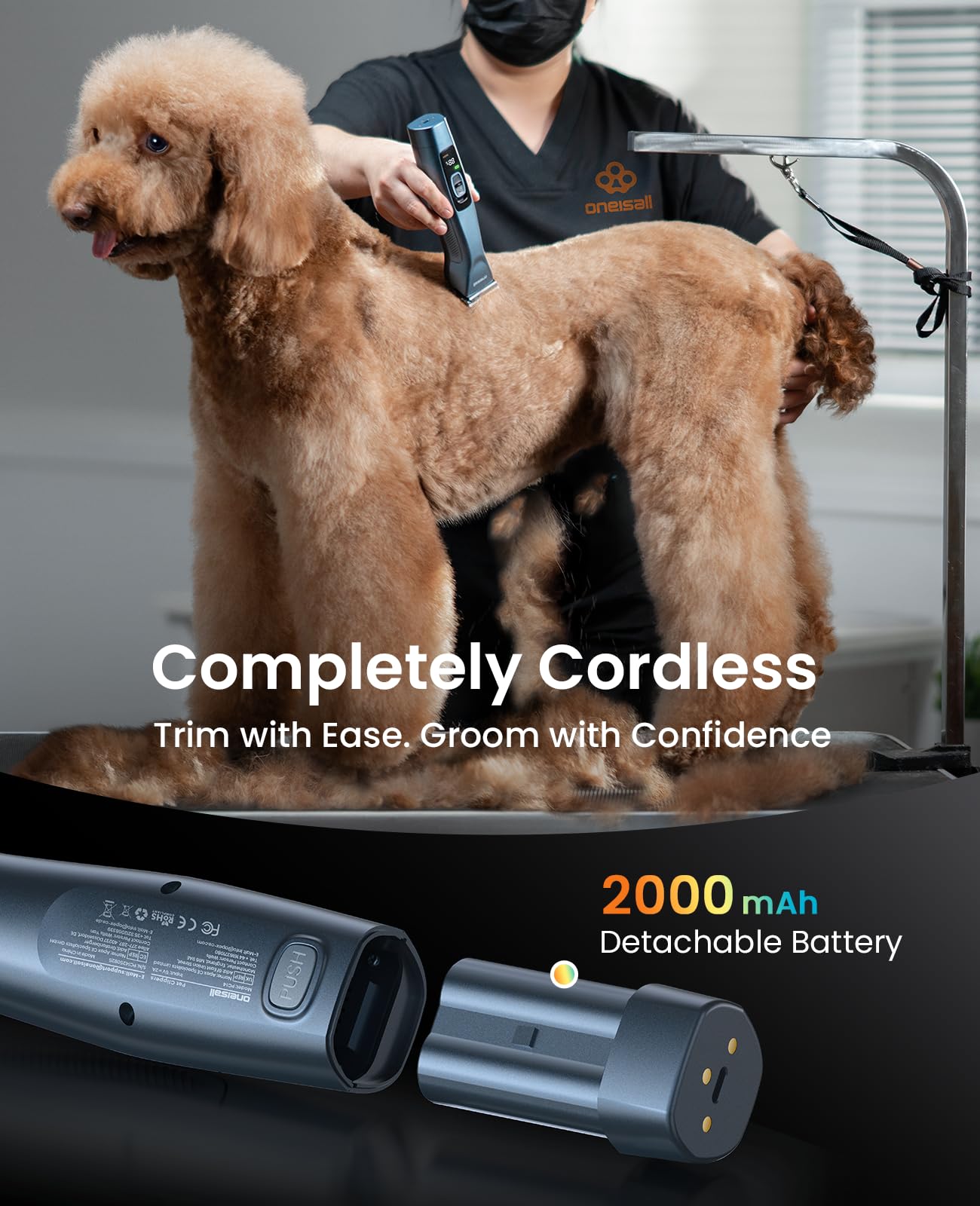 oneisall Grandmaster Pro 1 Cordless Professional Dog Grooming Clippers, Quiet Pet Trimmer for Paws Dog Nail Grinder Paw Trimmer