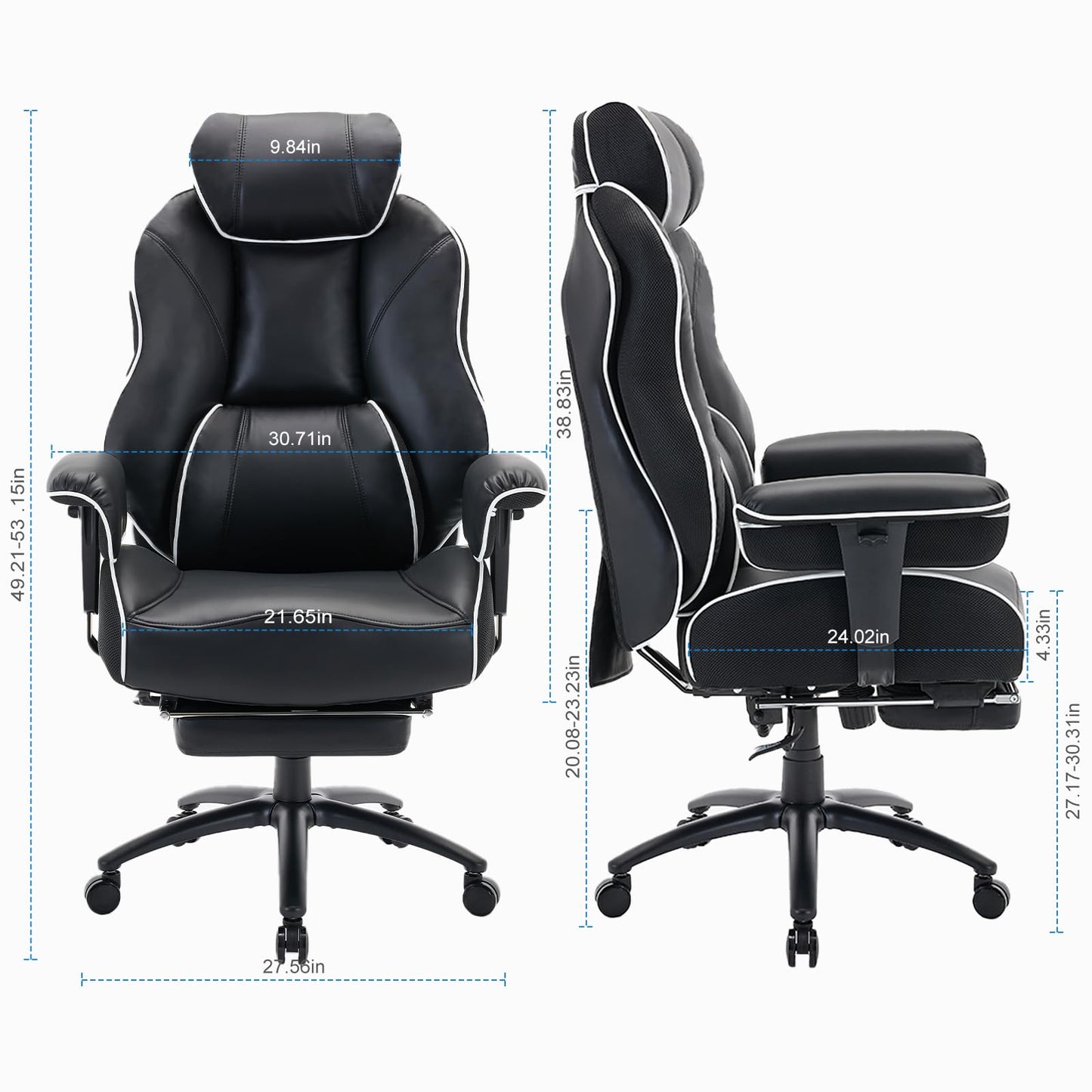 DJ·Wang Big and Tall Office Chair with Foot Rest, High Back Executive Office Chair PU Leather, Ergonomic Chairs with Lumbar Support, 135° Reclining Chairs with Thickened Spring Cushion Black