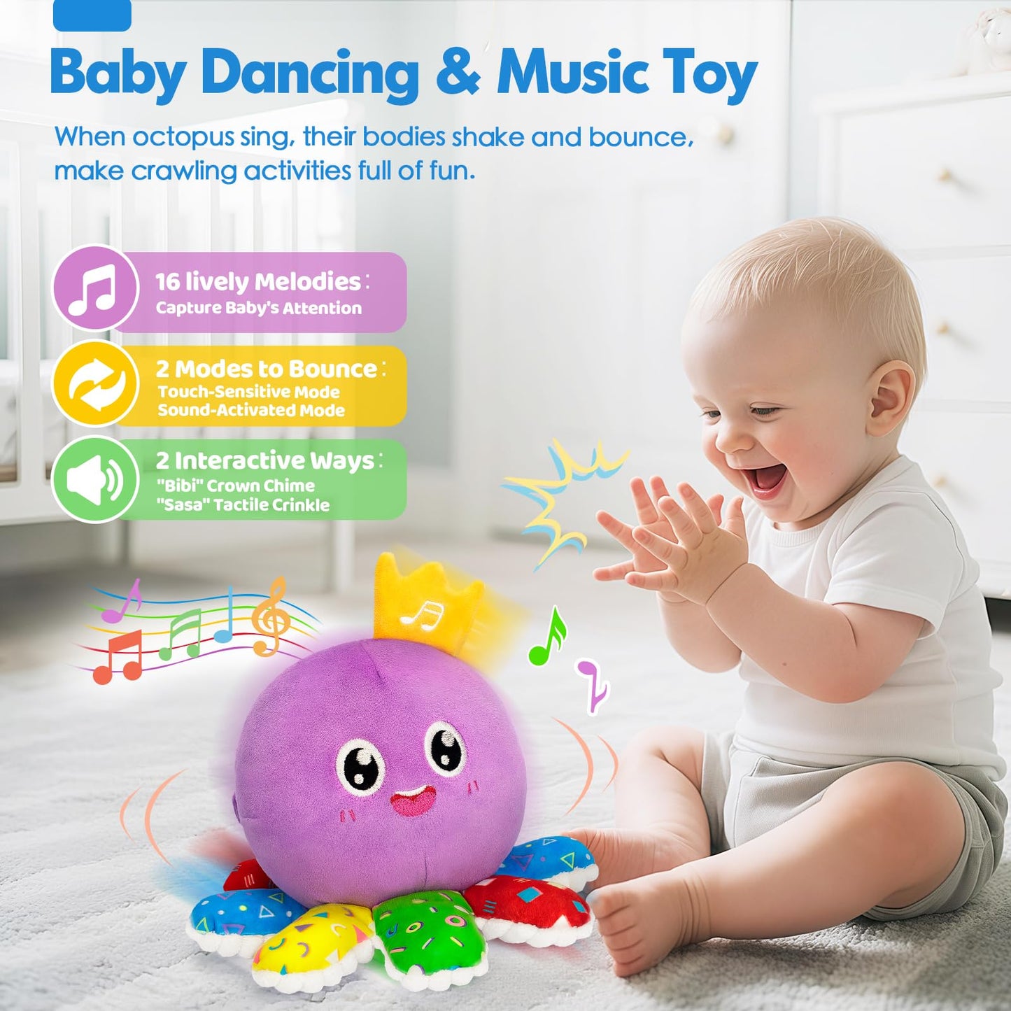 Baby Toys 6-12 Months,Musical Crawling Octopus Plush Toy,Sensory Toys for Infants,Birthday Boy 7 8 9 10 12-18 Month,Tap and Voice Interaction,Walking Bouncing Learning Tummy Time Toy