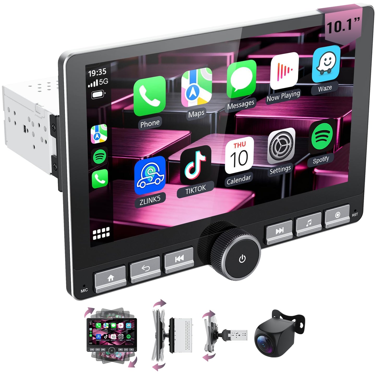 Haudio 10.1" 360° Rotatable Touchscreen Car Stereo with Wireless Apple CarPlay & Android Auto, Features GPS Navigation, DSP Hi-Fi Sound, Voice Control, Backup Camera,1080P Support & APK Management