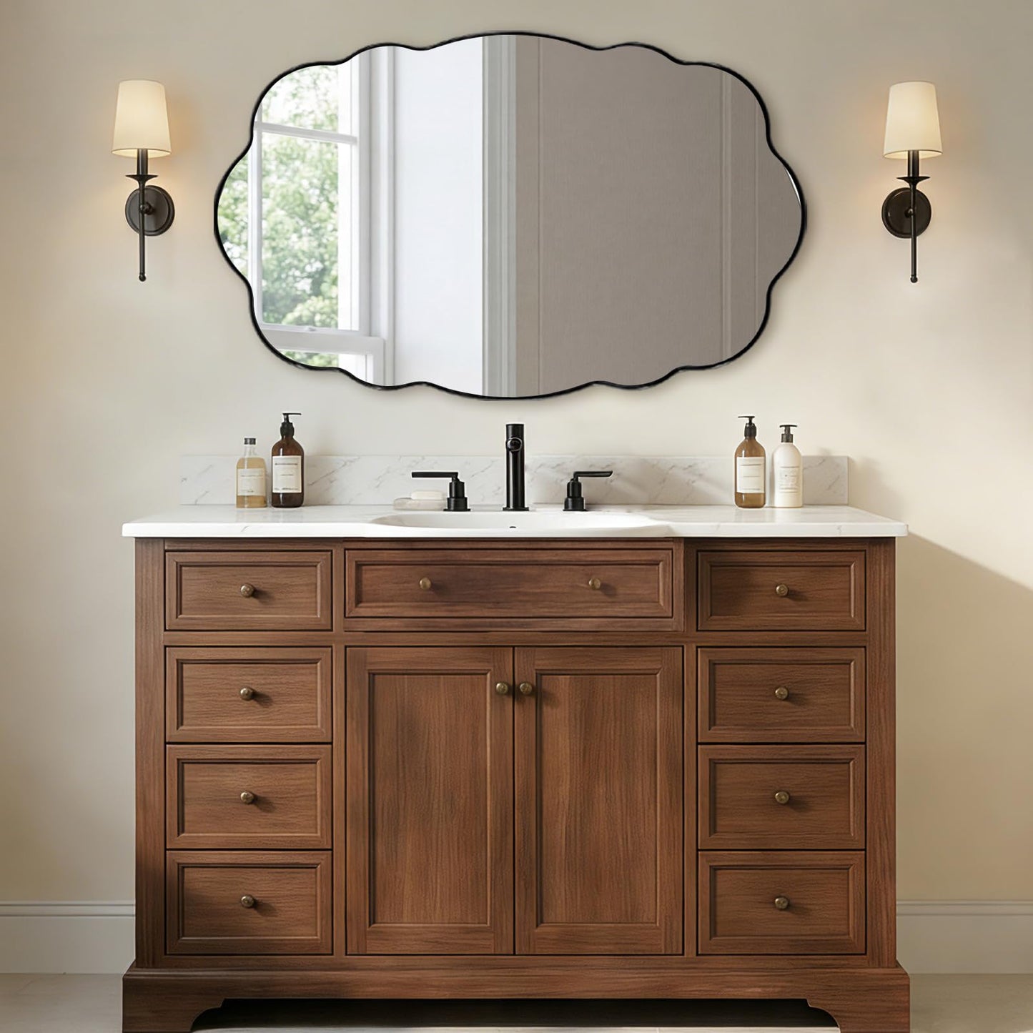 ANDY STAR Matte Black Scalloped Wall Mirror -30x48 Bathroom Vanity Mirror for Vanity, Living Room & Entryway, Anti Rust Stainless Steel MetalWall Mount Horizontal or Vertical