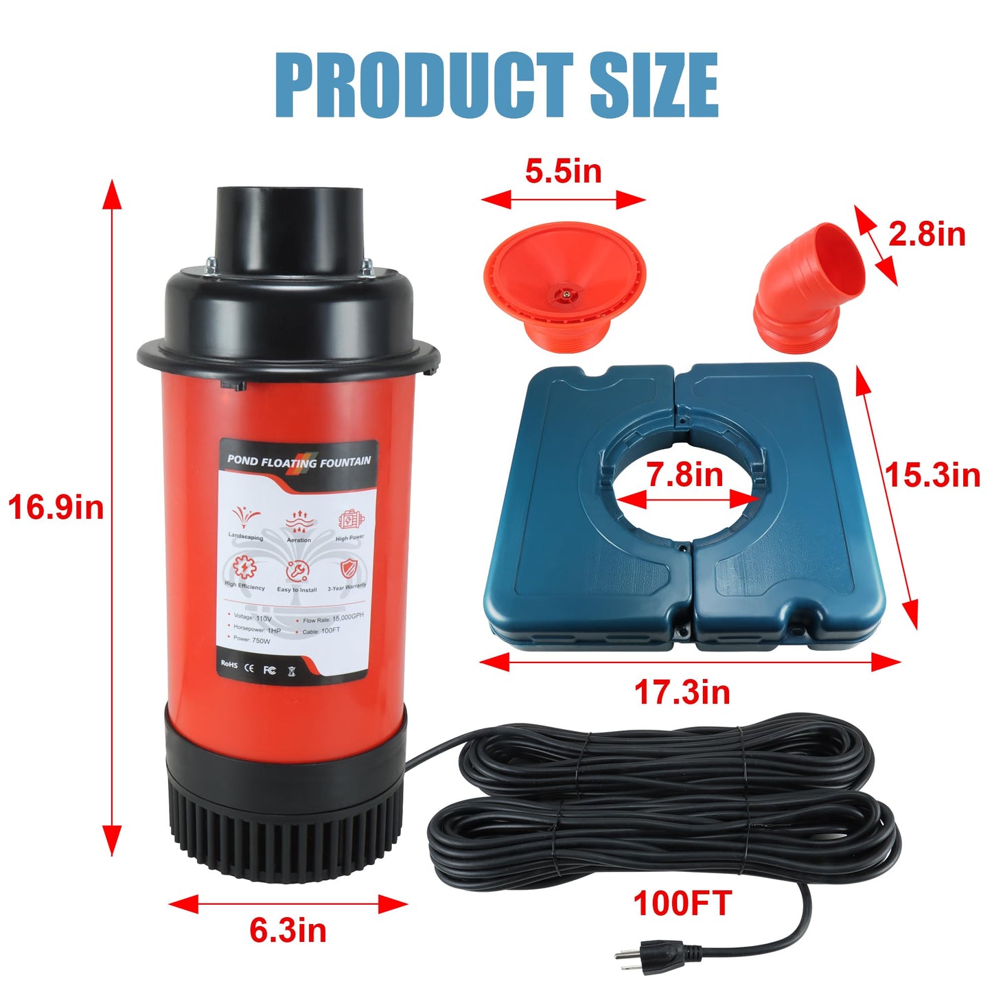 Goldlife Pond Fountain Aerator, F1-4 1HP 750W 110V PowerfuI Floating Pond Fountain Pump With 100 FT Power Cord, Outdoor Pond Aerating Fountains Cascade Pump for Small Large Ponds Lake Pond Jet System