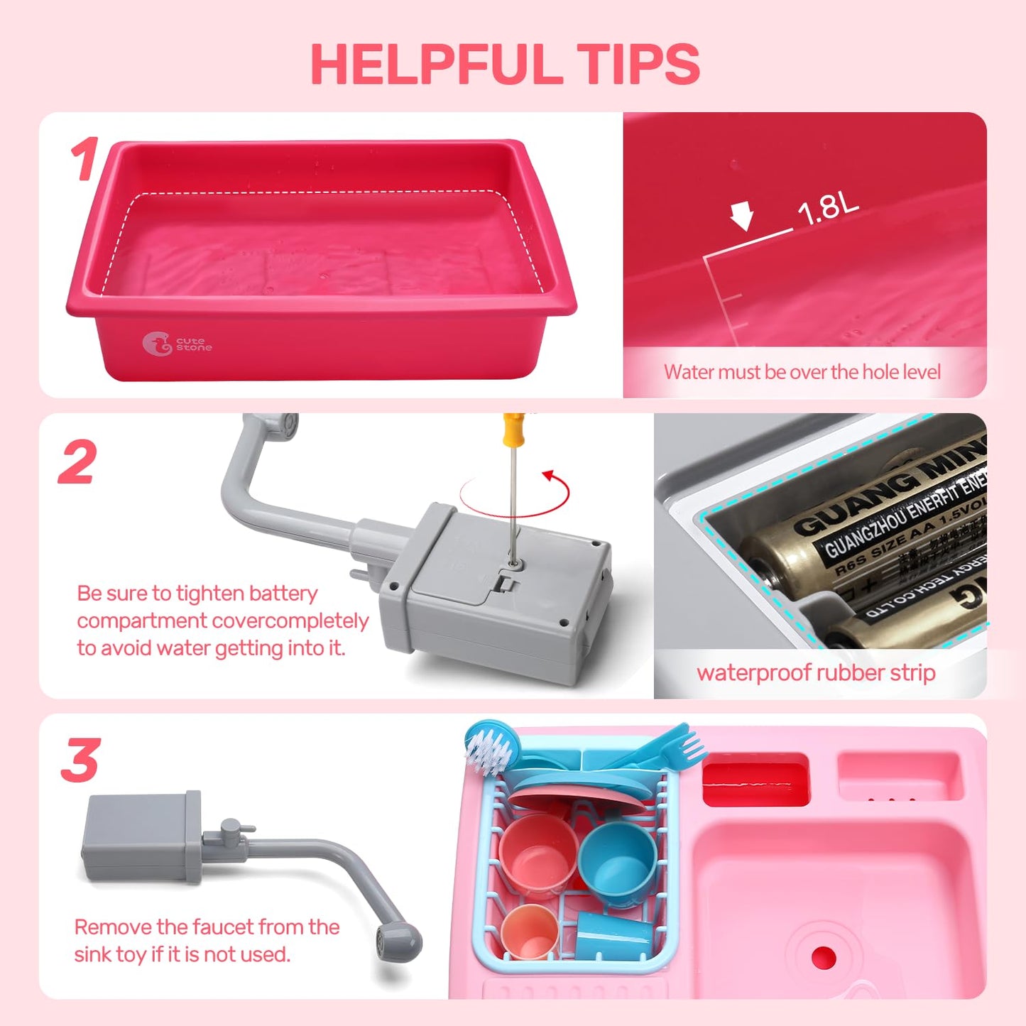 CUTE STONE Color Changing Play Kitchen Sink Toys, Children Electric Dishwasher Playing Toy with Running Water,Upgraded Real Faucet and Play Dishes,Pretend Role Play Toys for Kids Boys Girls