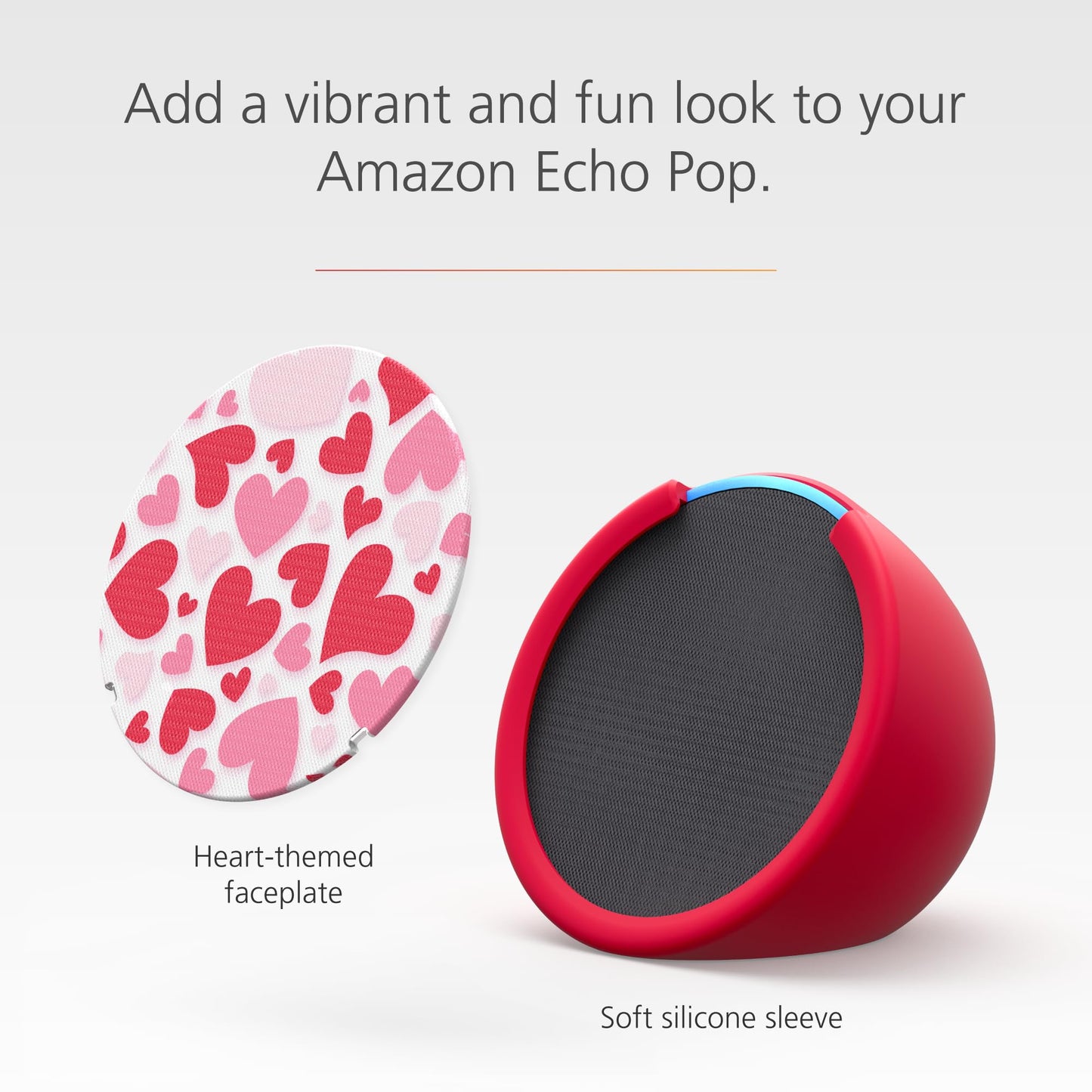 Echo Pop Bundle: Includes Echo Pop | Charcoal & Made for Amazon Sleeve & Faceplate | Hearts