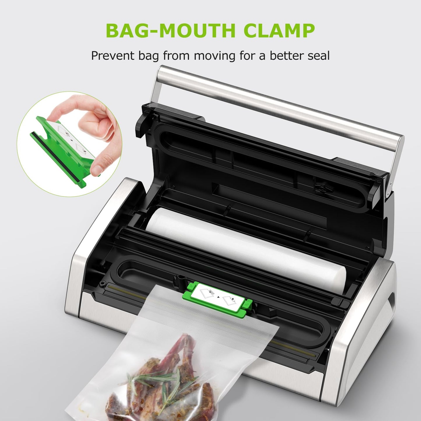 Bonsenkitchen Vacuum Sealer for Food, Easy-Lock Handle Vacuum Sealer Machine with Bag Clip, Built-in Cutter and Bag Storage for Sous Vide and Meal Prep, 1 Roll Bag & 10 Pre-Cut Bags, Silver