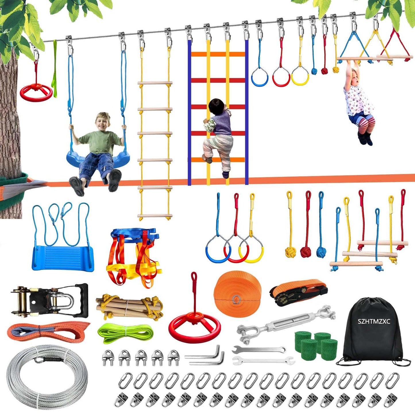 SZHTMZXC Ninja Warrior Obstacle Course for Kids Backyard Outdoor, 65ft Stainless Steel Main Cable, 65ft Bottom Slackline, Weatherproof, 14 Pcs Training Accessories, Climbing Net, Swing, Ladder