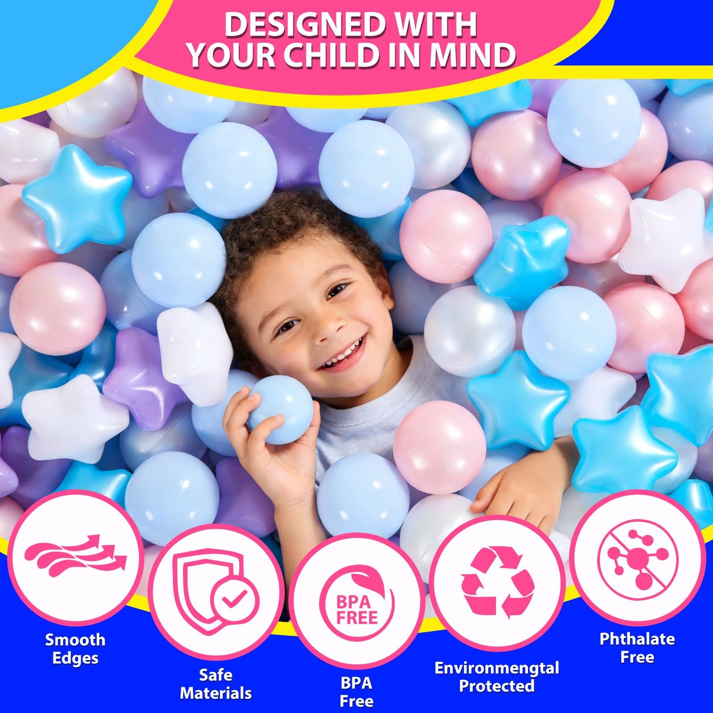 Heopeis Star Ball Pit Balls for Toddlers - 100 200 500 Pack Phthalate & BPA Free Plastic Toy Balls for Kids, Ball Pool Play Tent, Baby Kiddie Pool Water Toys, Party Decoration