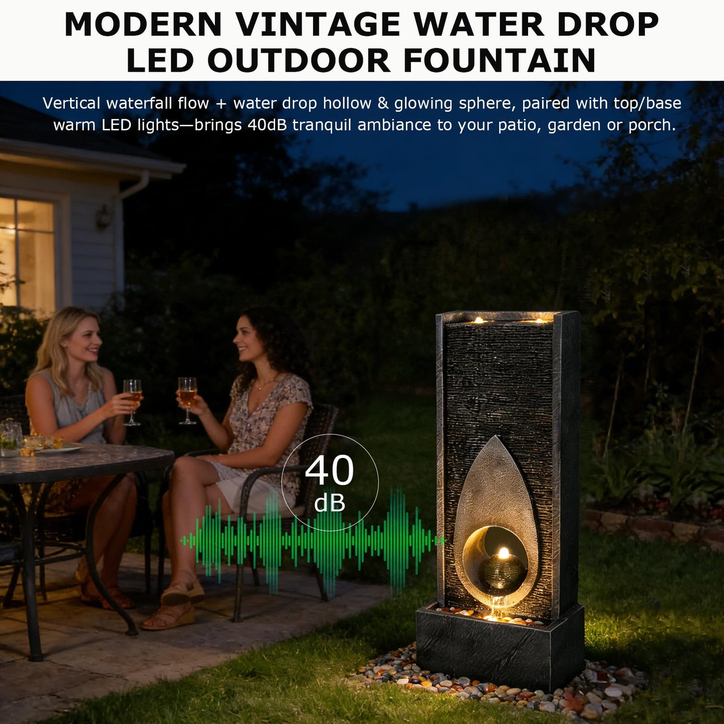 Pivotify 46.5’’Tall Modern Water Fountain Indoor Outdoor Waterfall Feature Floor Standing with Sphere and LED Lights for Garden, Yard, Patio, Deck, Porch, Livingroom Decor