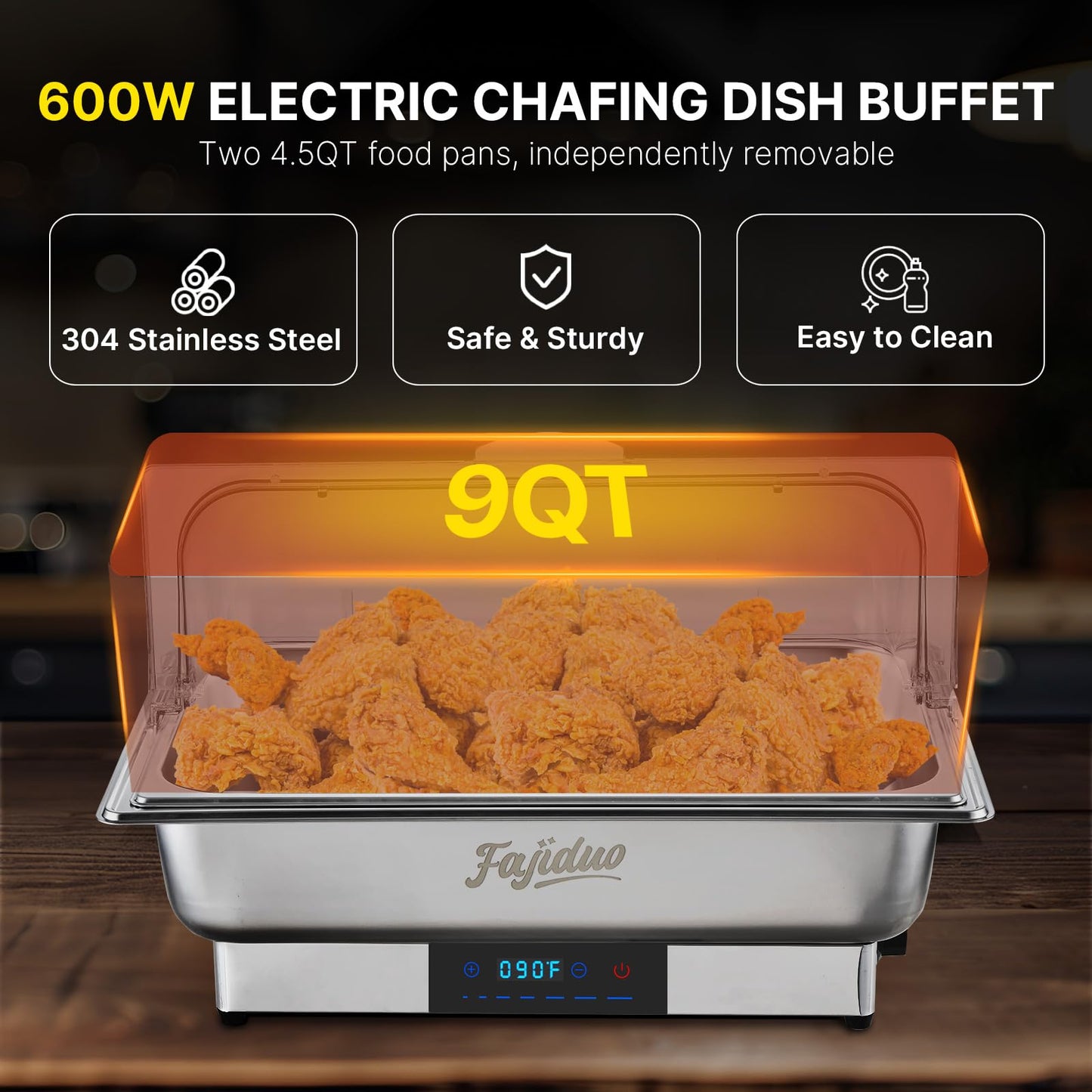 Electric Chafing Dish, 9QT Buffet Servers and Warmers, Stainless Steel Chaffing Dishes with Temperature Control Display, Commercial Food Warmers for for Parties, Catering, Buffets