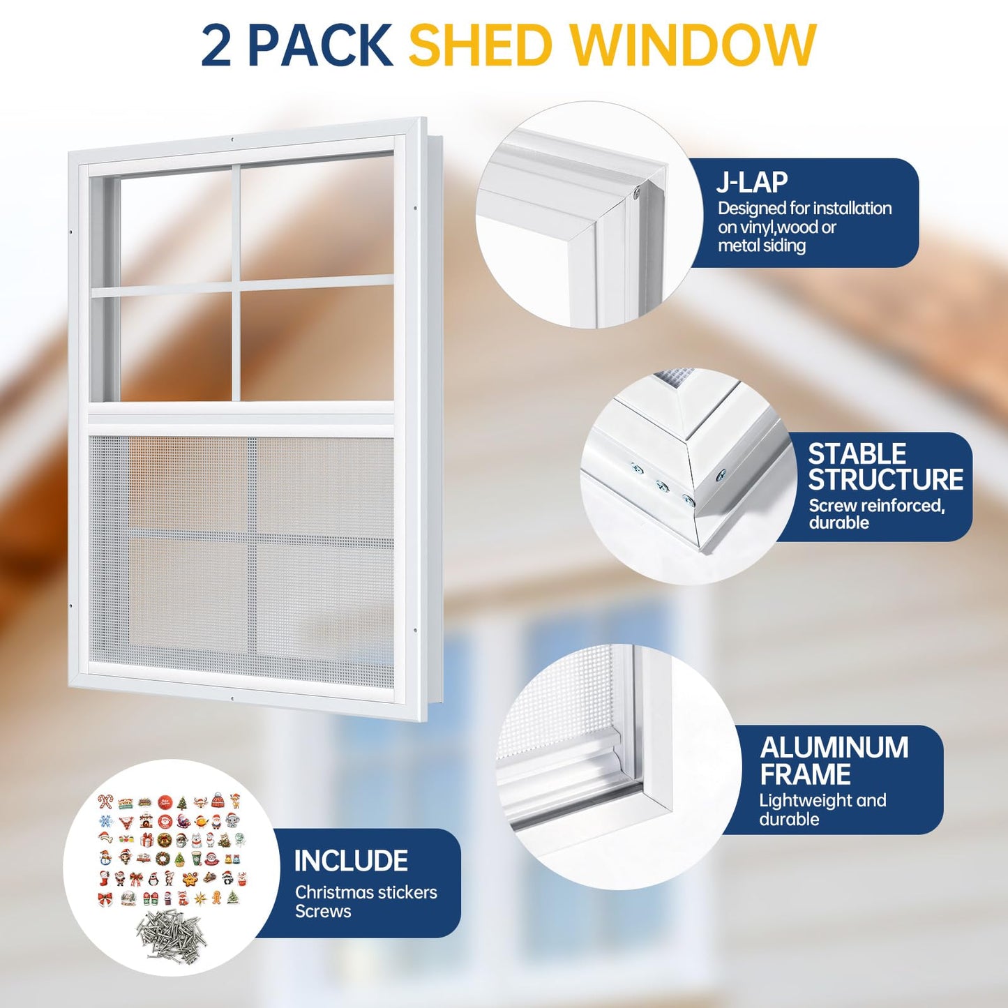 2 Pack 24 x 27 Shed Windows with White Frame, Flush Mount Small Window with PC Screen for Shed for Shed, Chicken Coop, Household, Playhouse, Garage