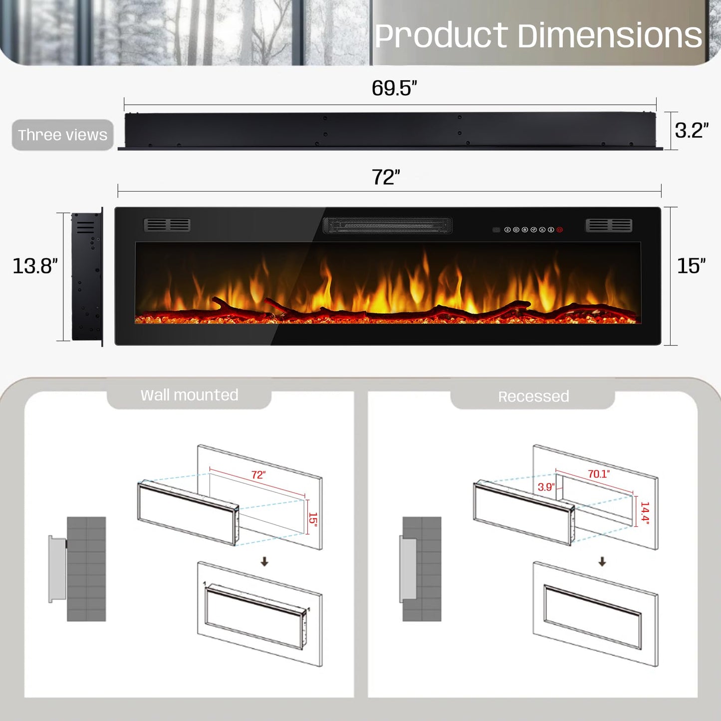 Tornivk 72 Inch Electric Fireplace Heater,Wall Mounted/Recessed Electric Fireplace Insert,Ultra-Thin 750/1500w in Wall Fireplace Electric with Remote Control,Logs,Crystal for Bedroom,Livingroom