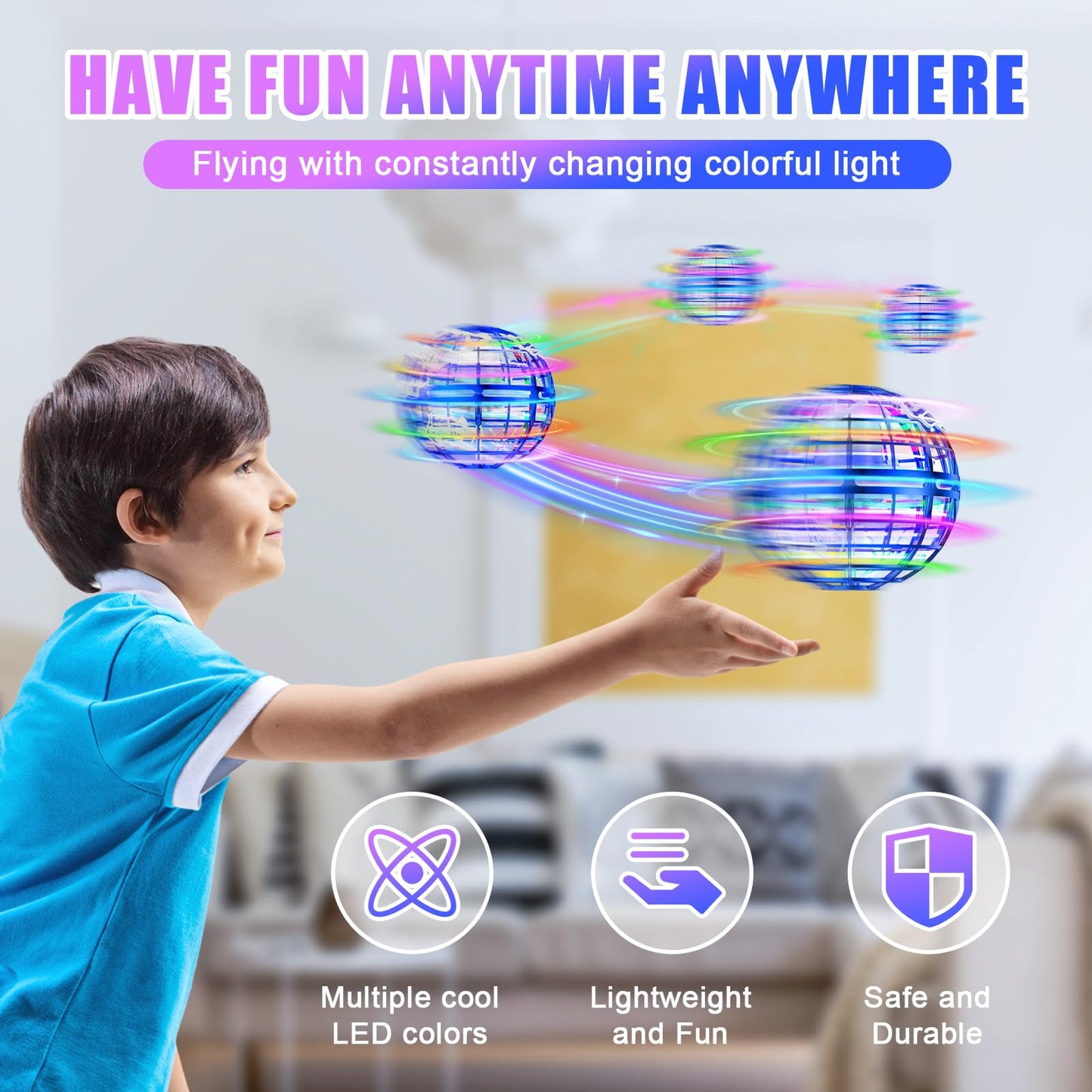 RIEYON Flying Orb Ball 2025 Hover Boomerang Ball 6 Lighting Effects Cool Toys Gift for 678910+ Year Kids Teen Adults Indoor Outdoor Flying Toy（Blue & Blue）