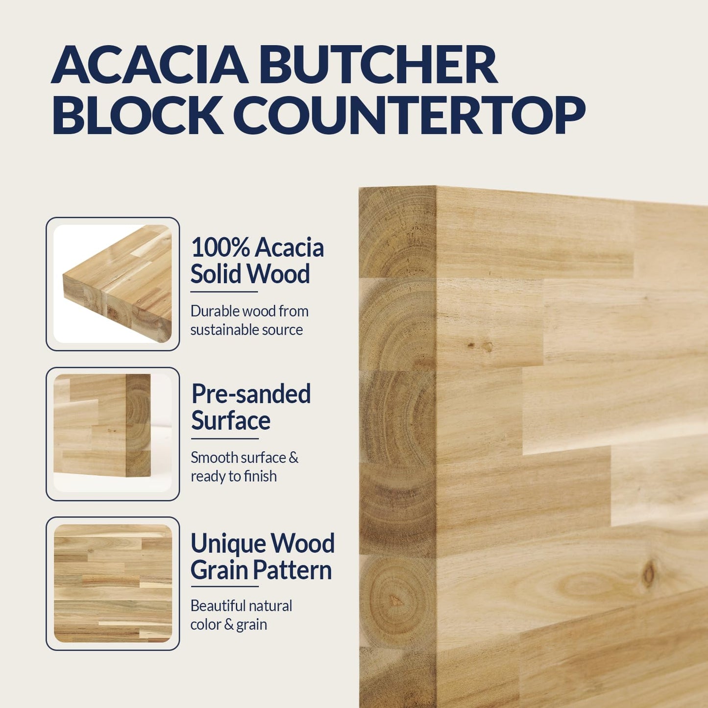 Howizz Acacia Butcher Block Countertop 96 x 25 x 1.5 Inches, Unfinished Solid Wood Table Top for DIY Desk Top, Workbench Top, Kitchen Countertop