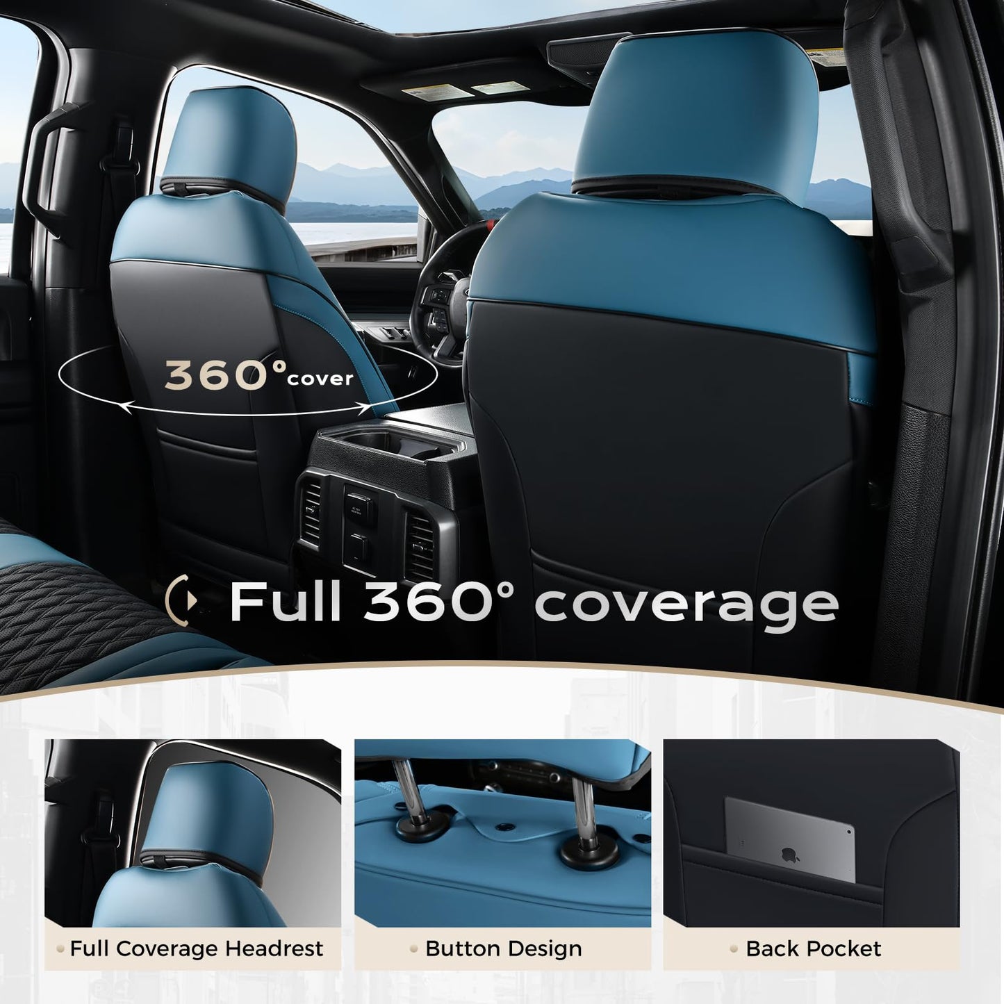 Coverado Waterproof Faux Leather Seat Covers Full Set for Ford F150 2015-2025 SuperCrew & F250 F350 F450 2017-2025 Crew Cab, Compatible with XL XLT Lariat King Ranch, Blue Interior Truck Accessories
