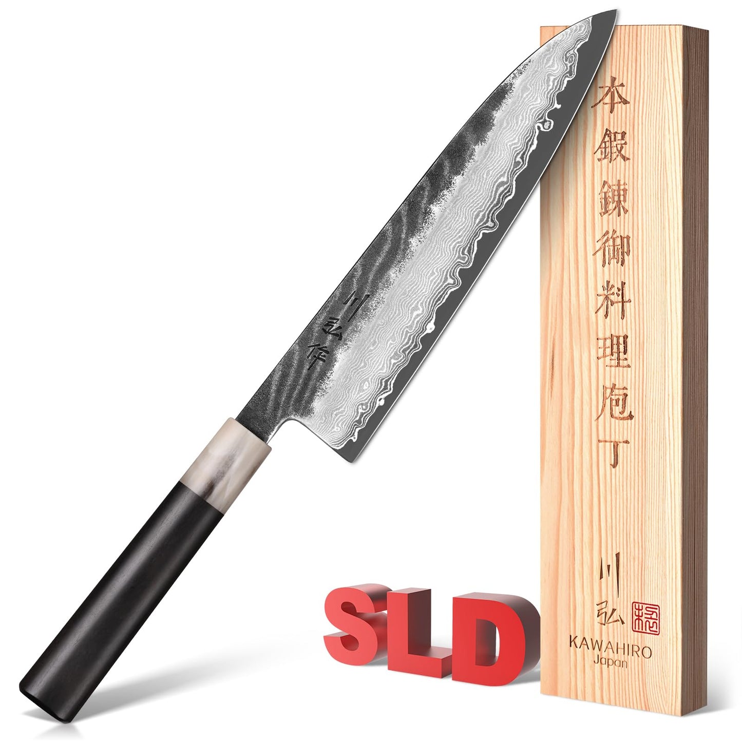 Japanese SLD Steel Chef Knife 210mm – 67 Layer Damascus Chef Knife, HRC 64–66 Ultra Hard Core, Hand Forged Professional Chefs Knife with Distal Taper, Ebony Wood & Horn Handle, Wooden Gift Box
